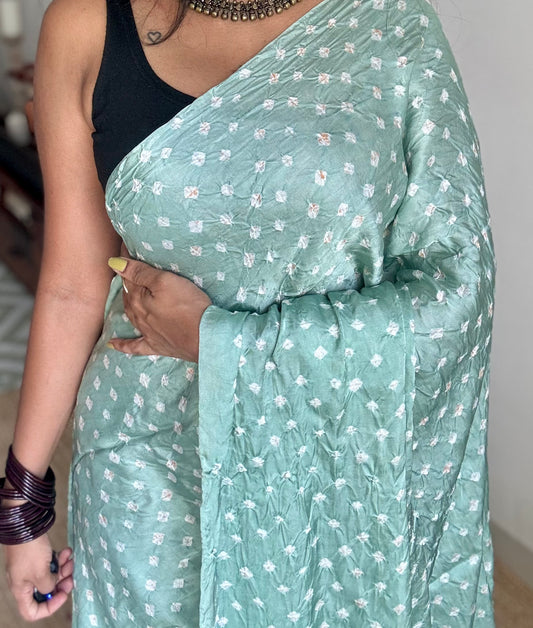Pastel mint blue, crushed bandhej pure modal silk saree with lagdi patta zari pallu - YCTOKBM333