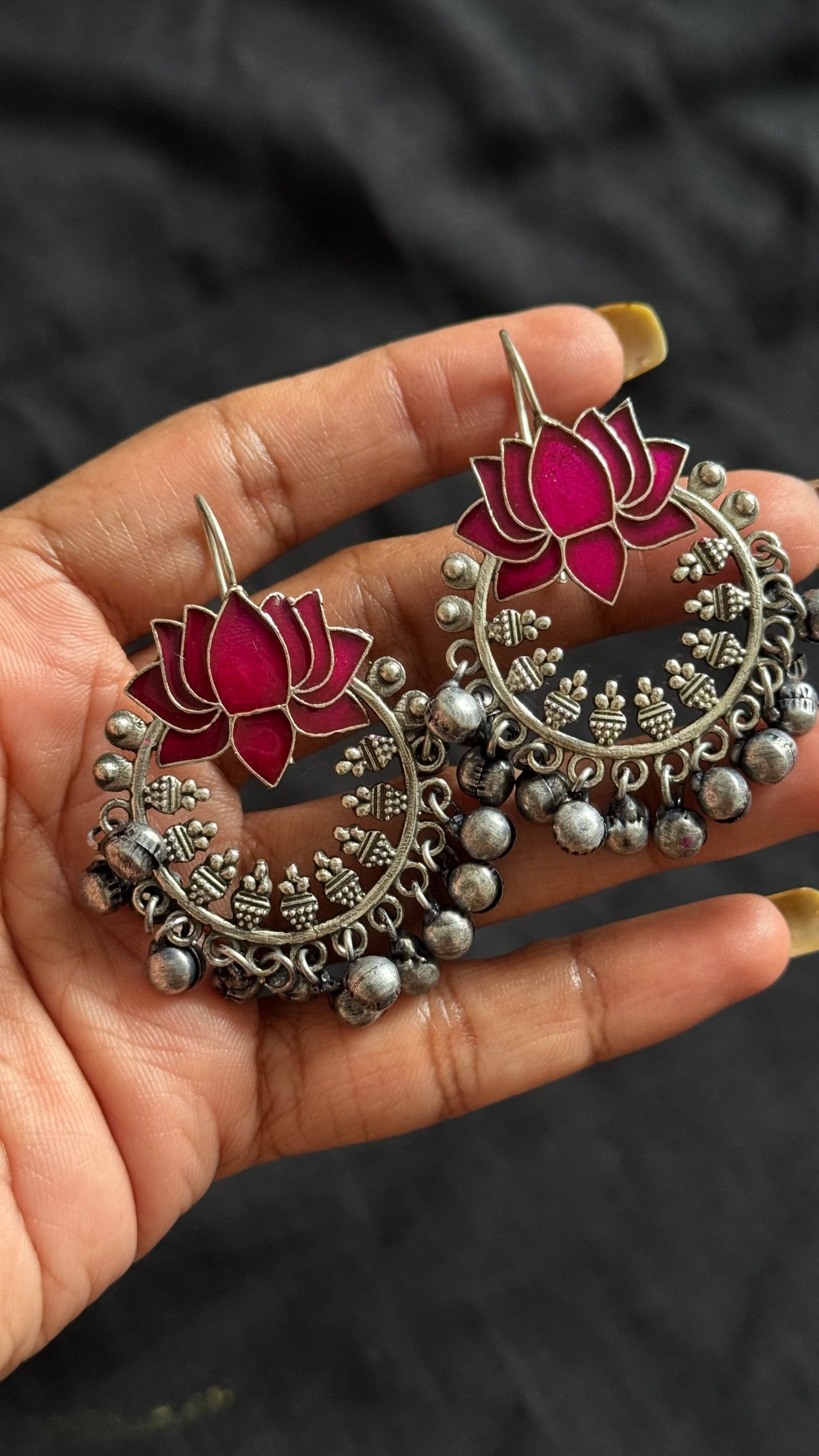 Meenakari lotus hook earrings, hot pink - YCOSED247