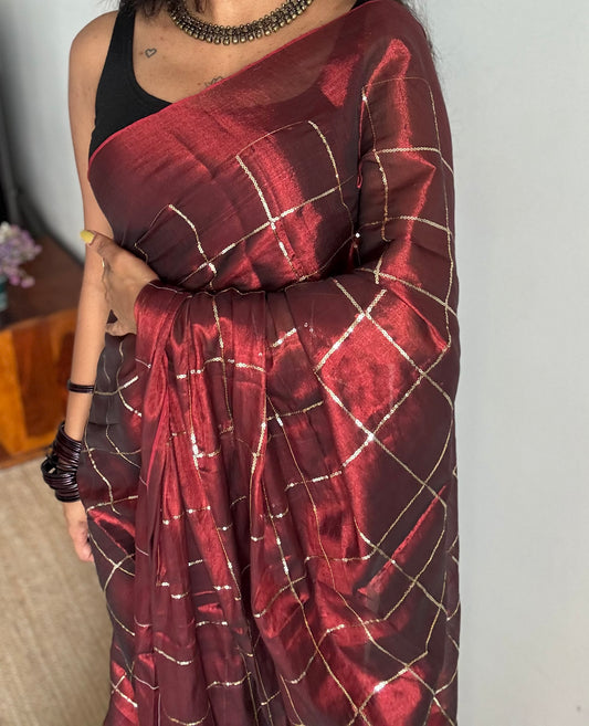 Maroon, checkered sequins work, mul tissue - YCBCMCJA10