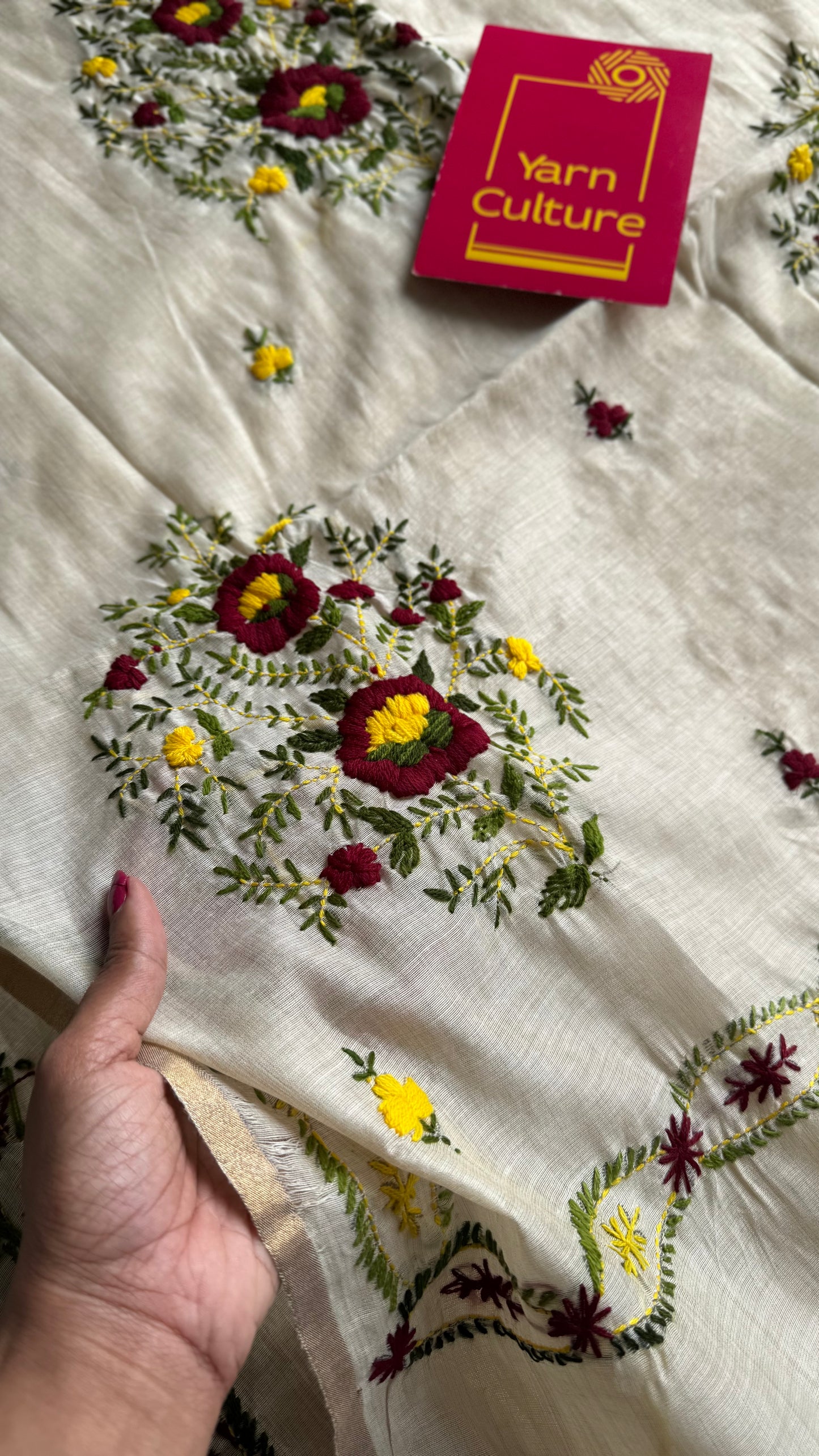 Ivory maheshwari cotton silk blend with deep maroon and light yellow floral kantha threadwork - YCBLJULMK06