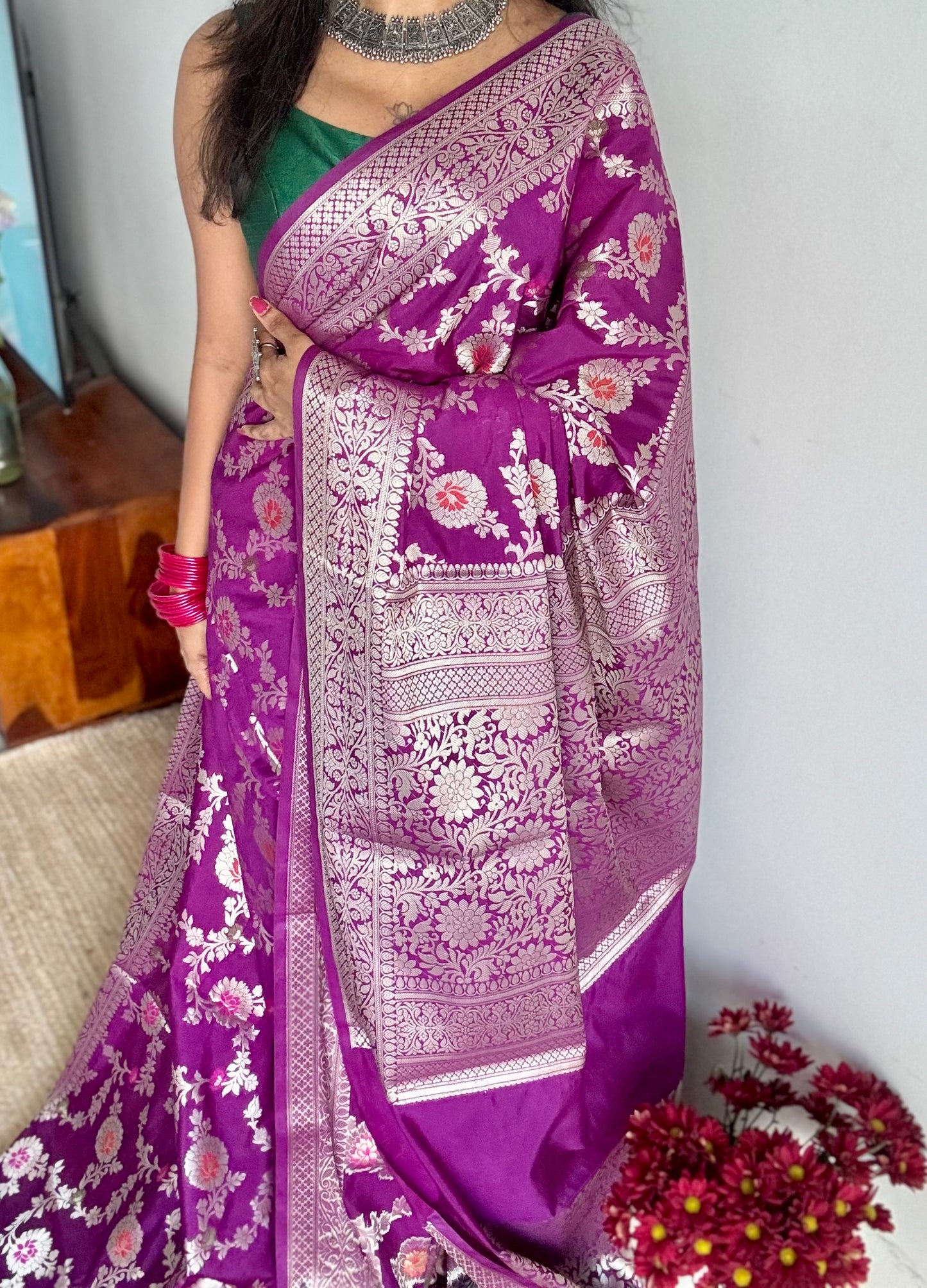 Bright purple meenakari floral pattern in silver zari, Banarasi katan dupion silk - YCDESE10