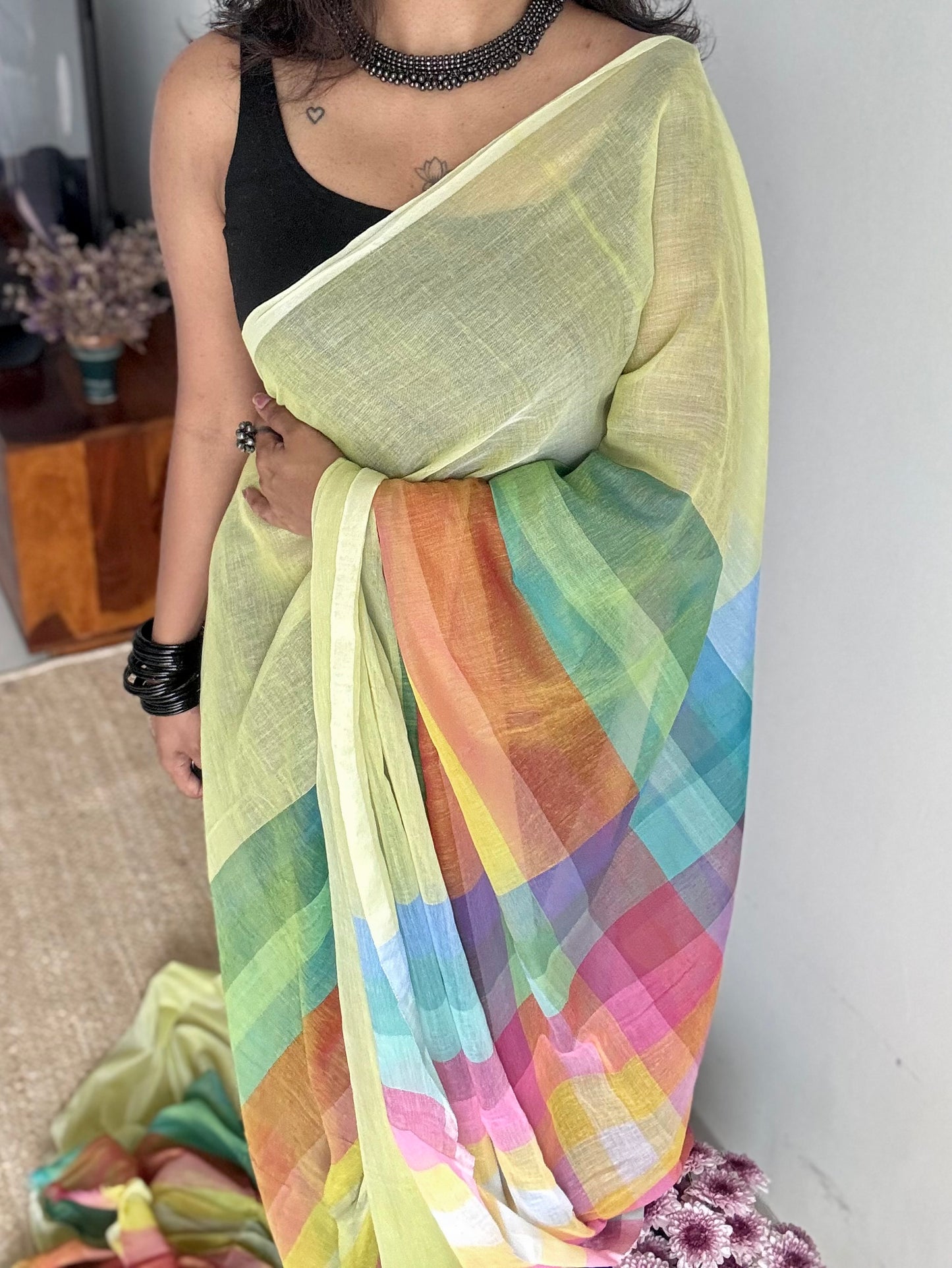 Light green with colourblocks, mul cotton - YCBCJULMR14