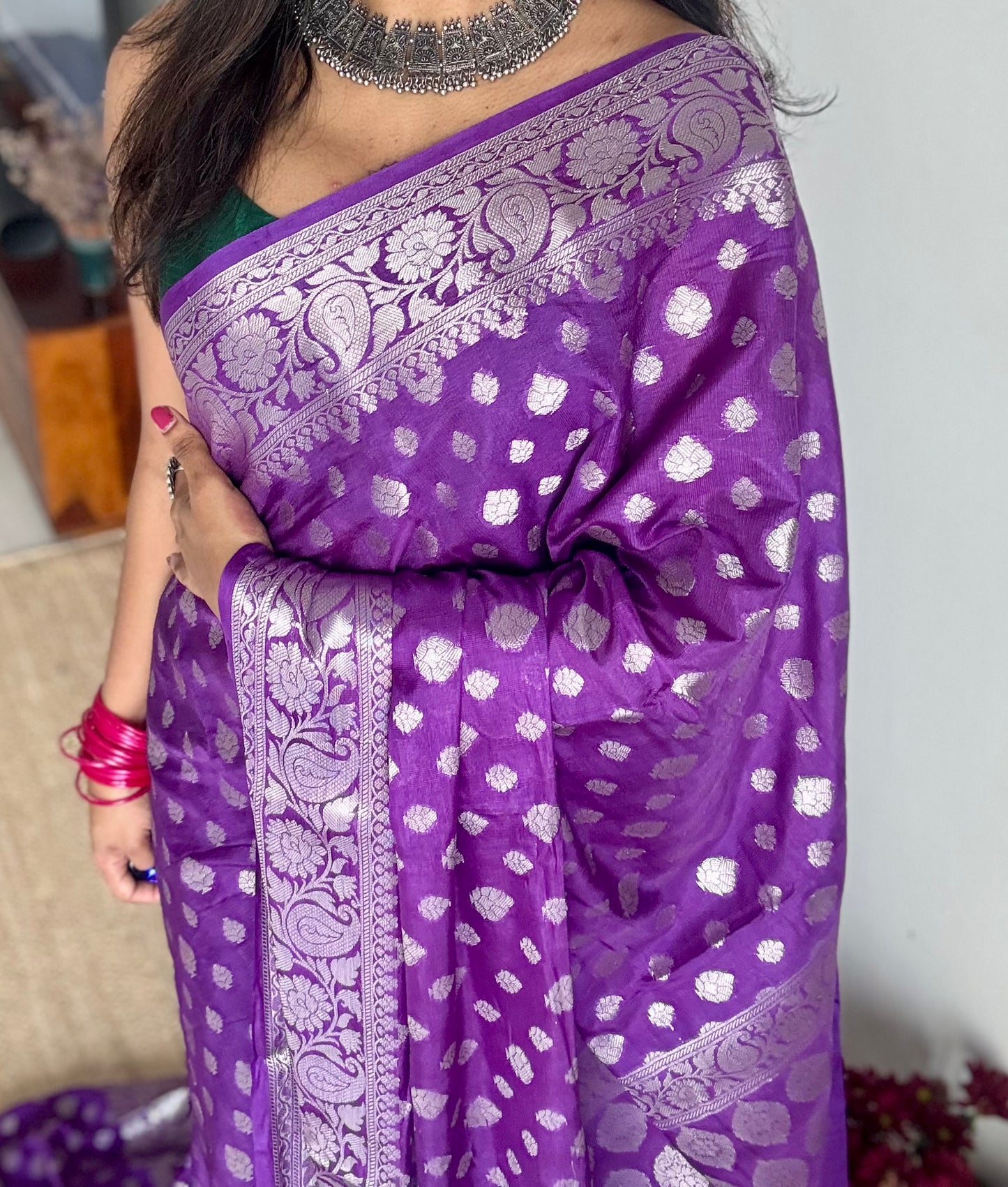 Purple, silver buttas and zari, Banarasi semi-silk - YCDESE44
