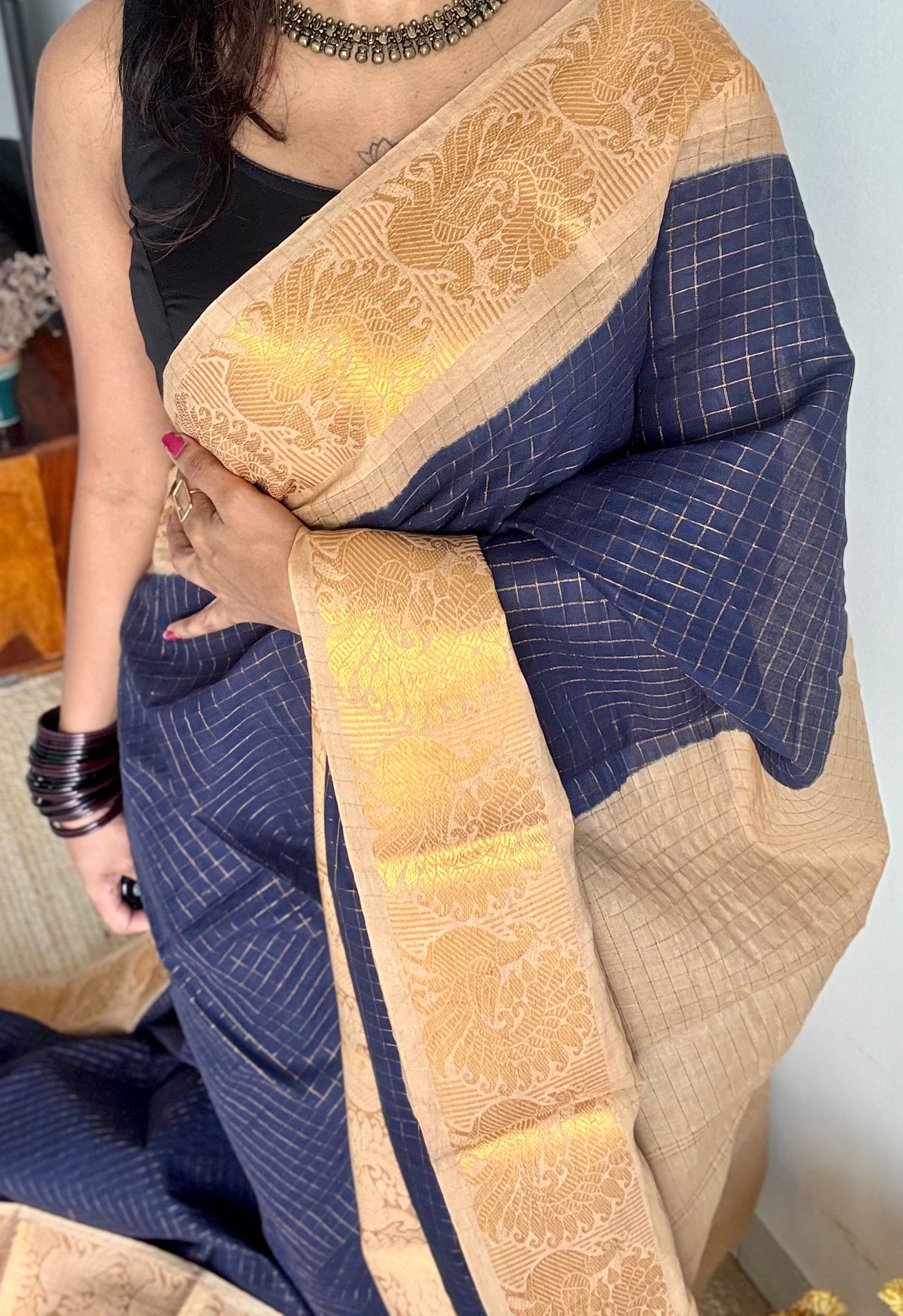 Navy blue with cream checkered sungudi, madurai cotton - YCCOTNOCSC24