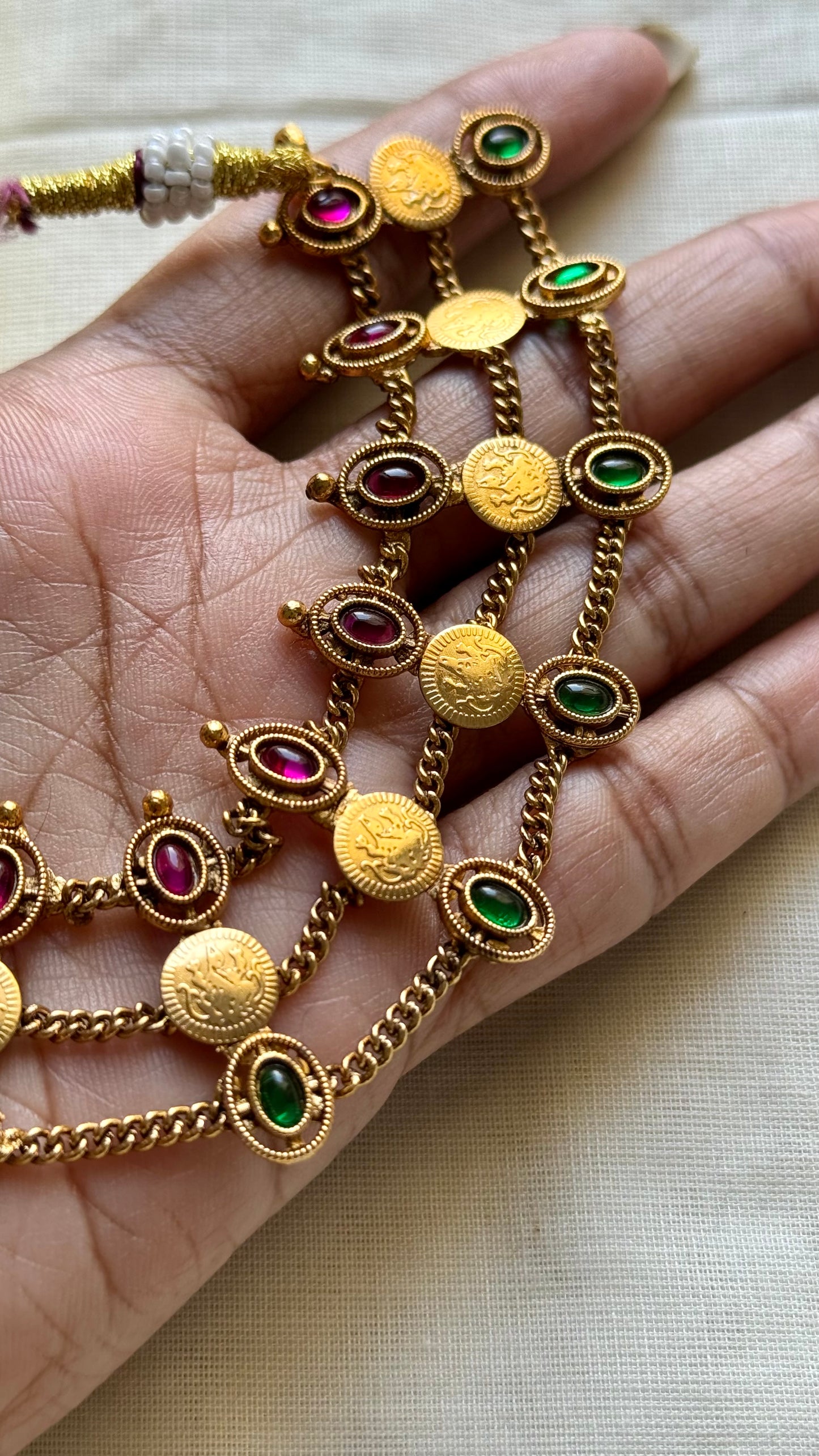 Antique gold three layered coin choker neckpiece, ruby and green stones, with earrings - YCAGNP259