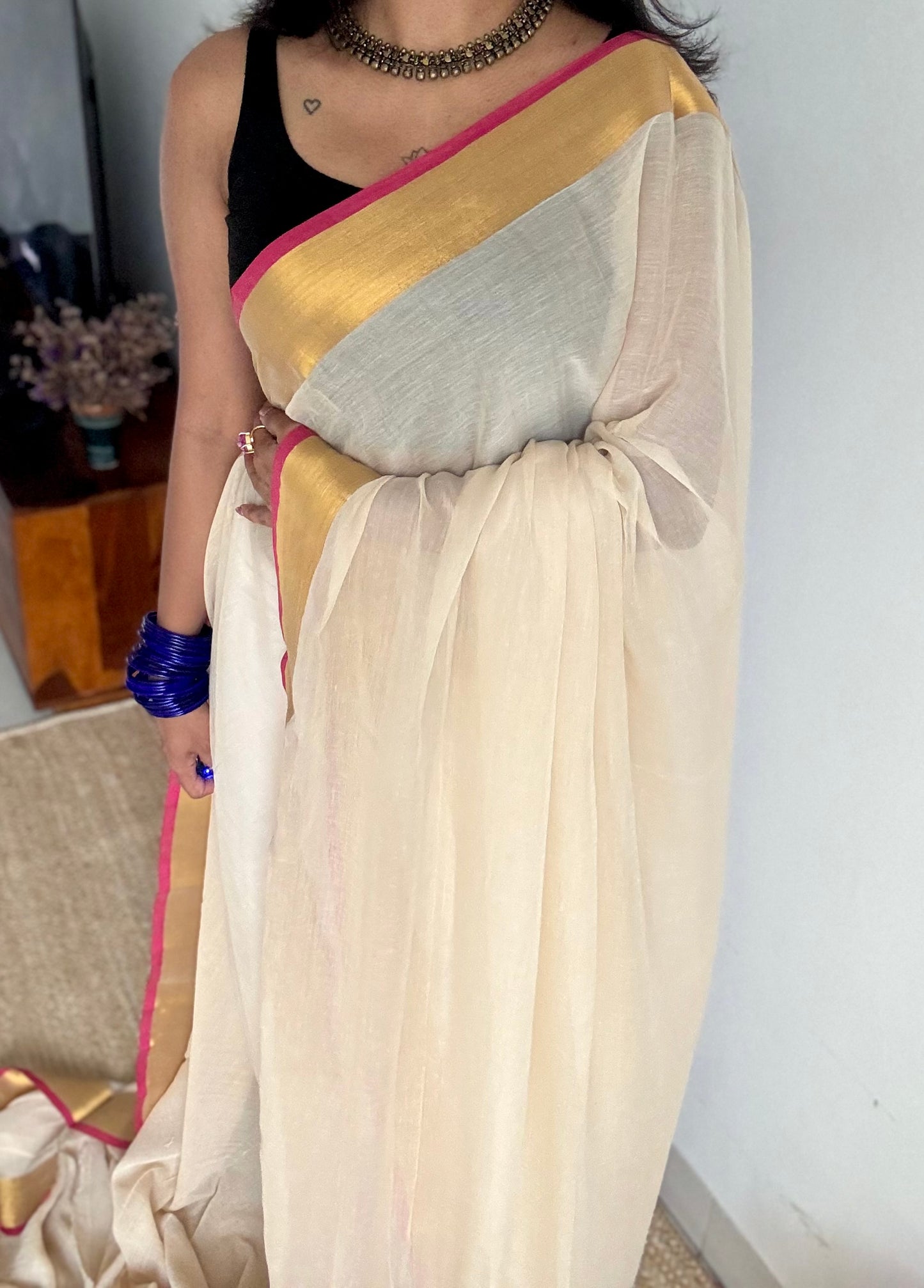 Beige tone with magenta border, mul cotton - YCONBCM230