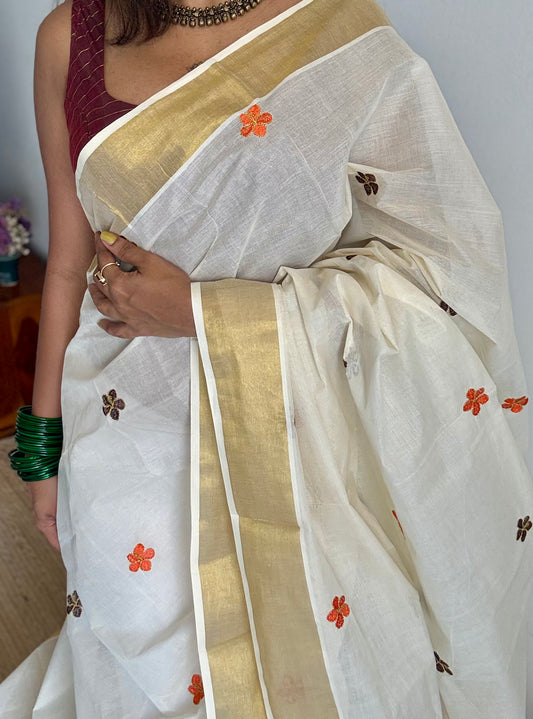 Ivory and gold saree with brown and orange floral embroidery - YCIEKCFE311