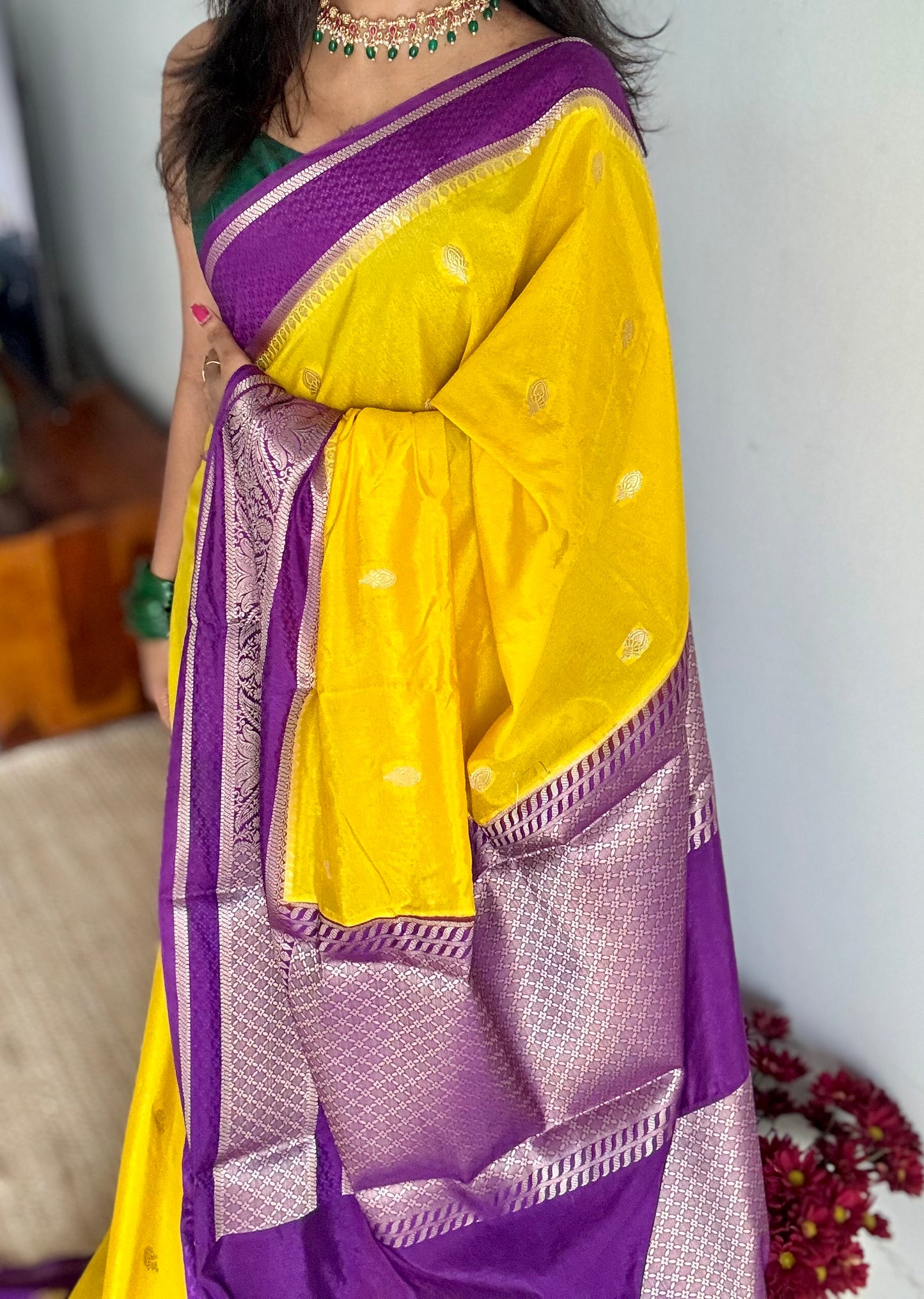 Yellow with purple border, Banarasi semi-silk - YCDESE03