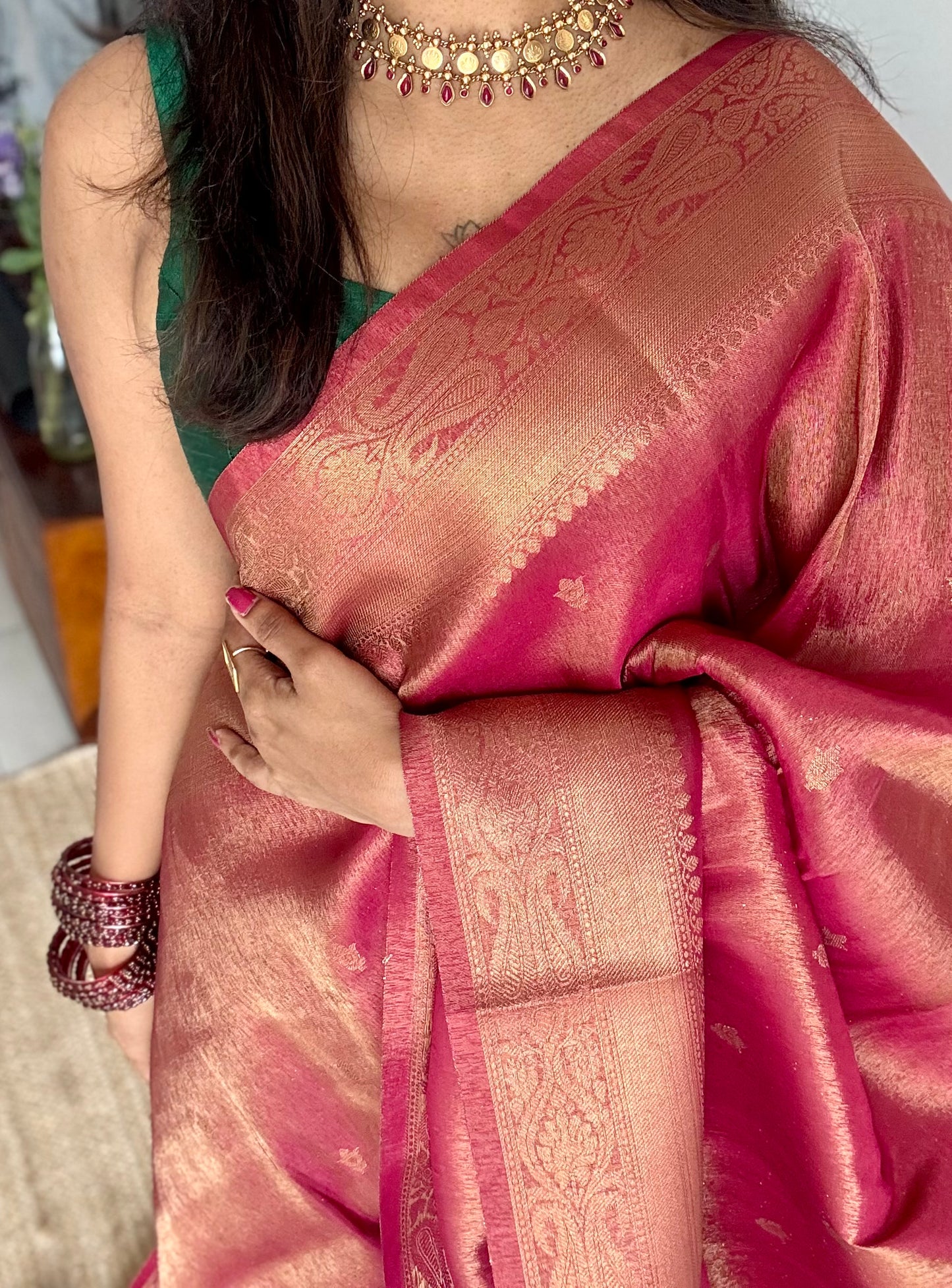 Red with gold dual tone, Banarasi tissue silk - YCDESE06