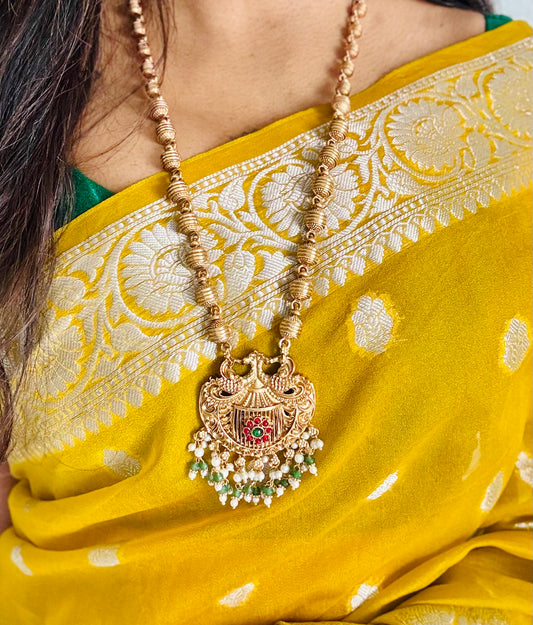 Long haram with peacock pendant, with earrings - YCGPNP612