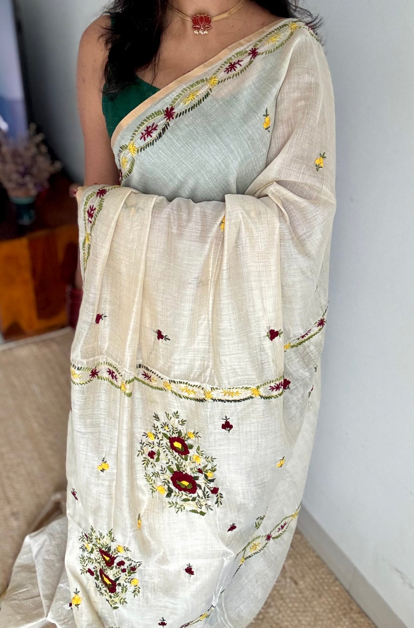 Ivory maheshwari cotton silk blend with deep maroon and light yellow floral kantha threadwork - YCBLJULMK06