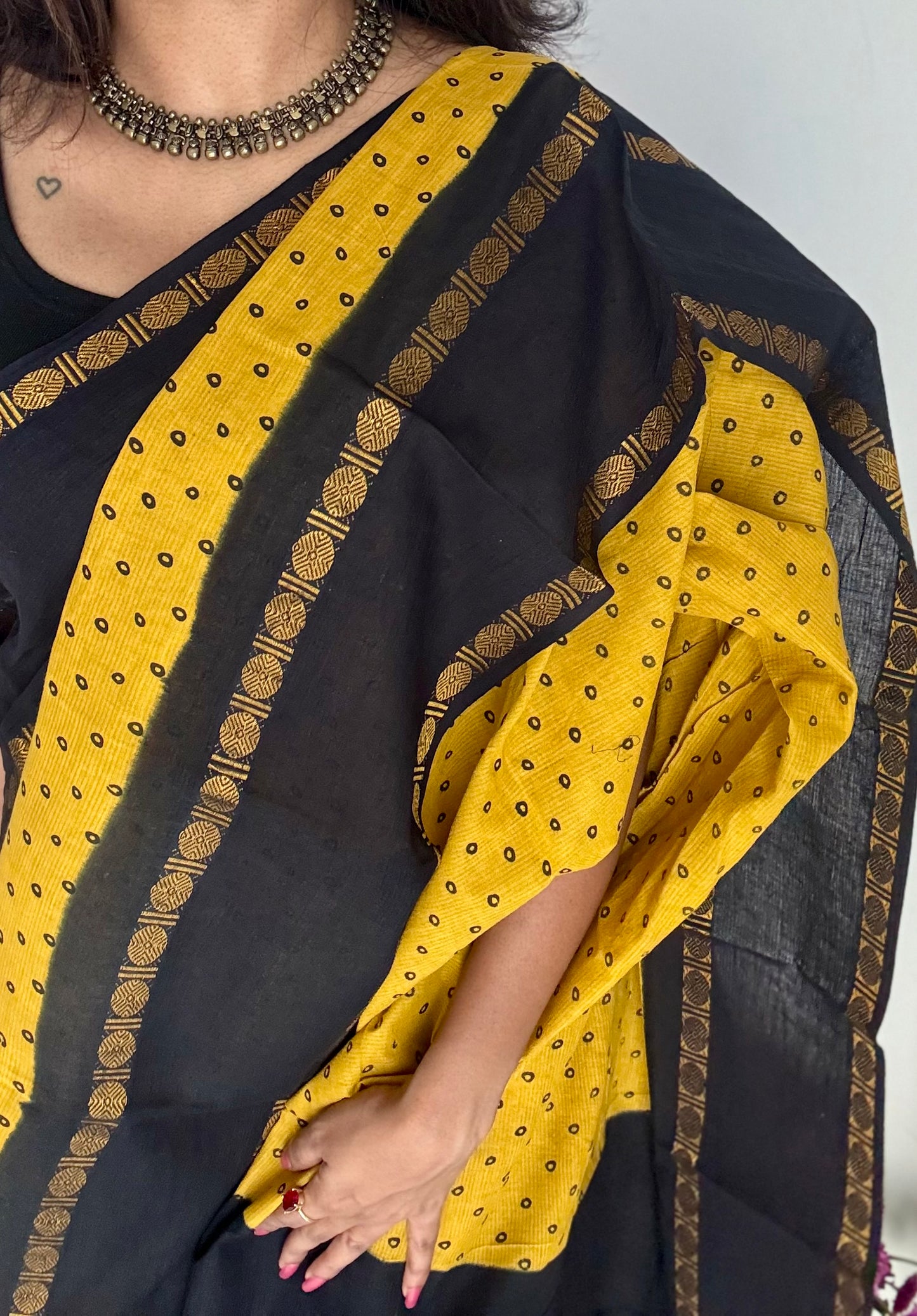 Yellow with black, sungudi motif and rudraksham border, madurai soft cotton - YCCOTNAUSC02