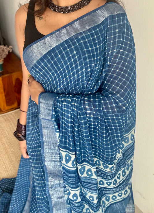 Indigo linen, small checks, silver zari border -YCTORNOP17