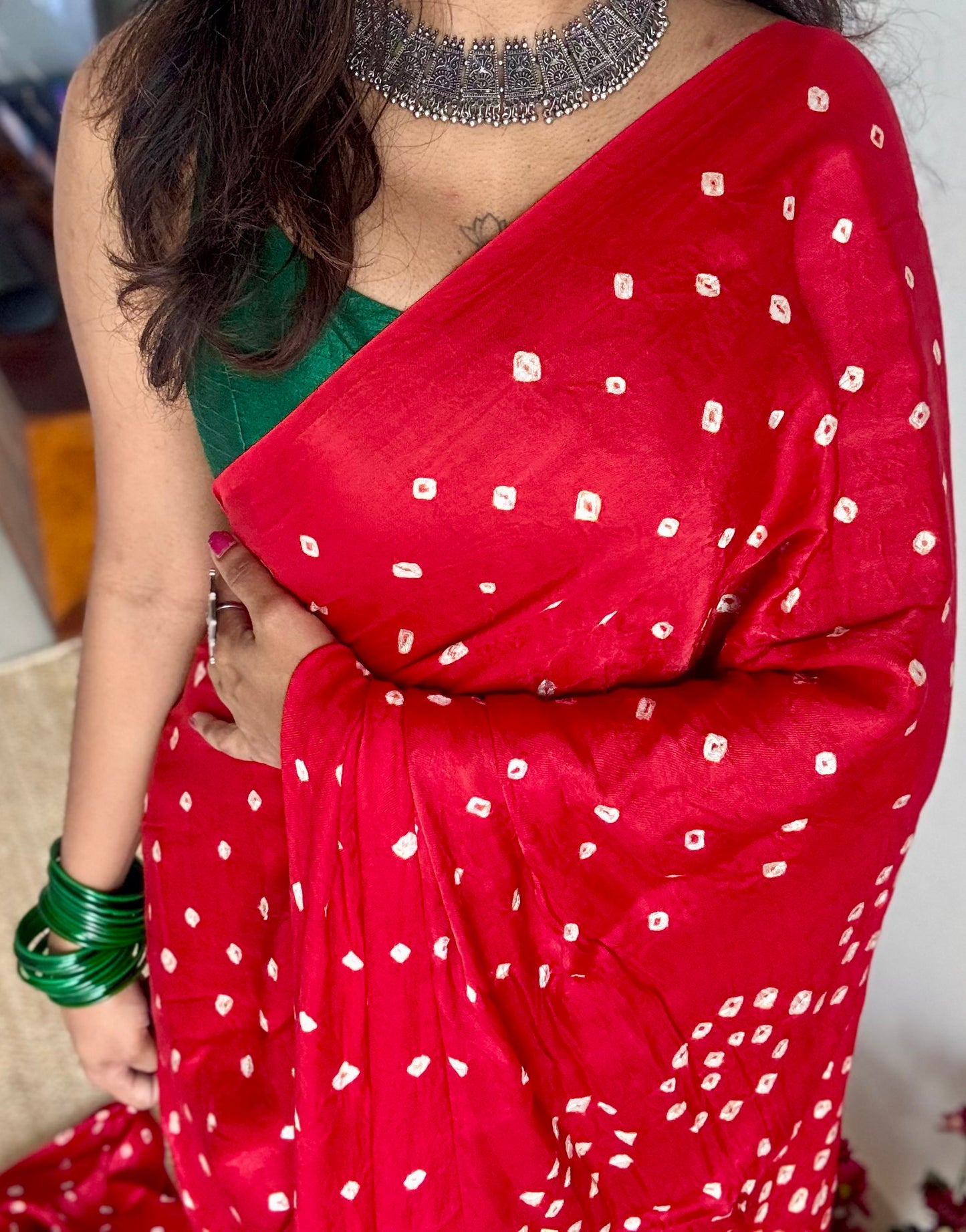 Red crushed bandhani modal silk with lagdi patta (zari pallu) - YCDESE28