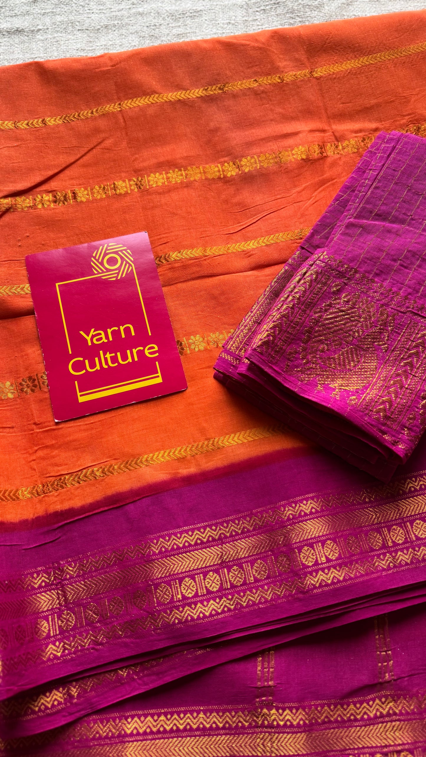 Bright orange with magenta patterned veldhaari, kattuchayam dyed, madurai cotton - YCCOTNSEMS93