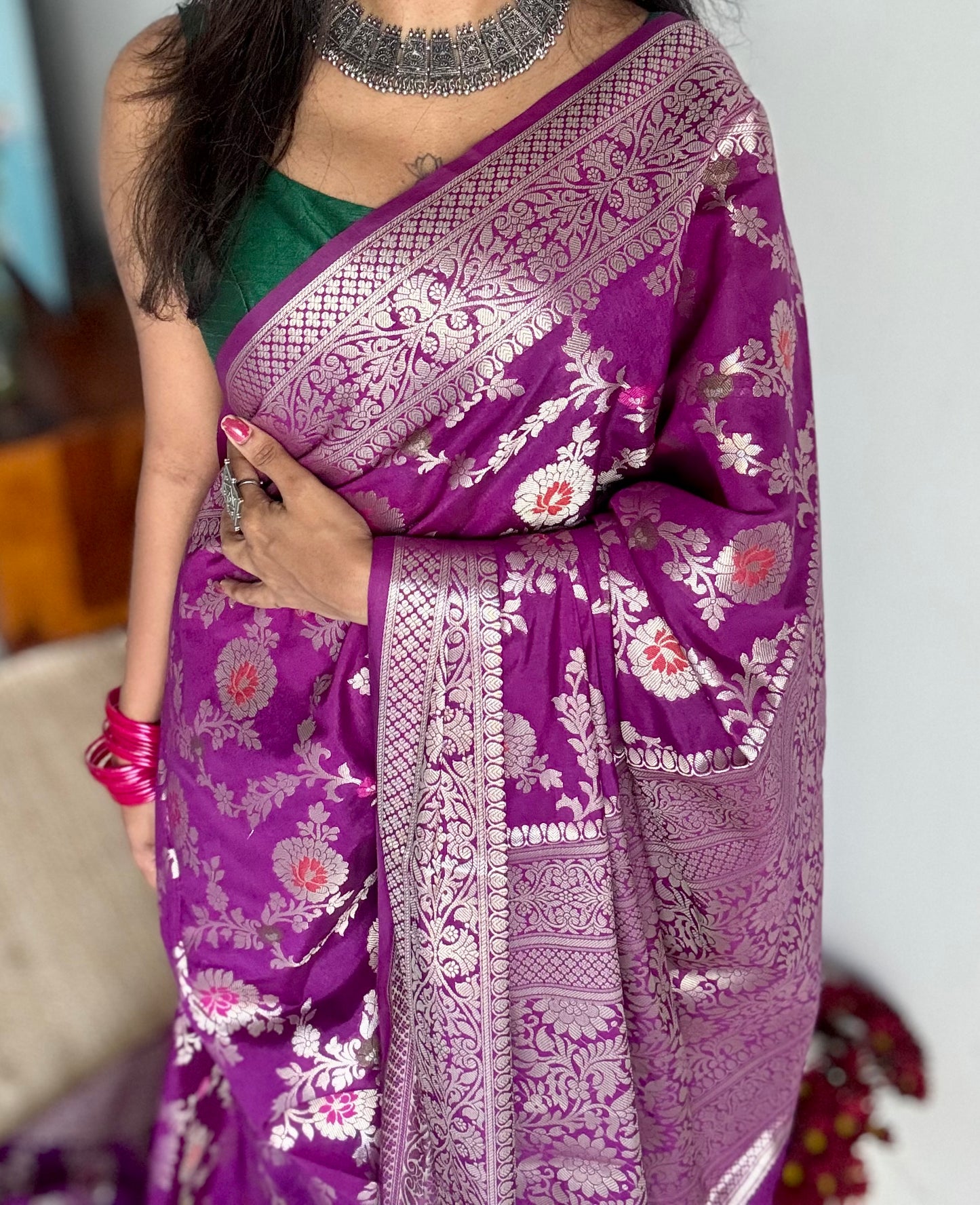 Bright purple meenakari floral pattern in silver zari, Banarasi katan dupion silk - YCDESE10