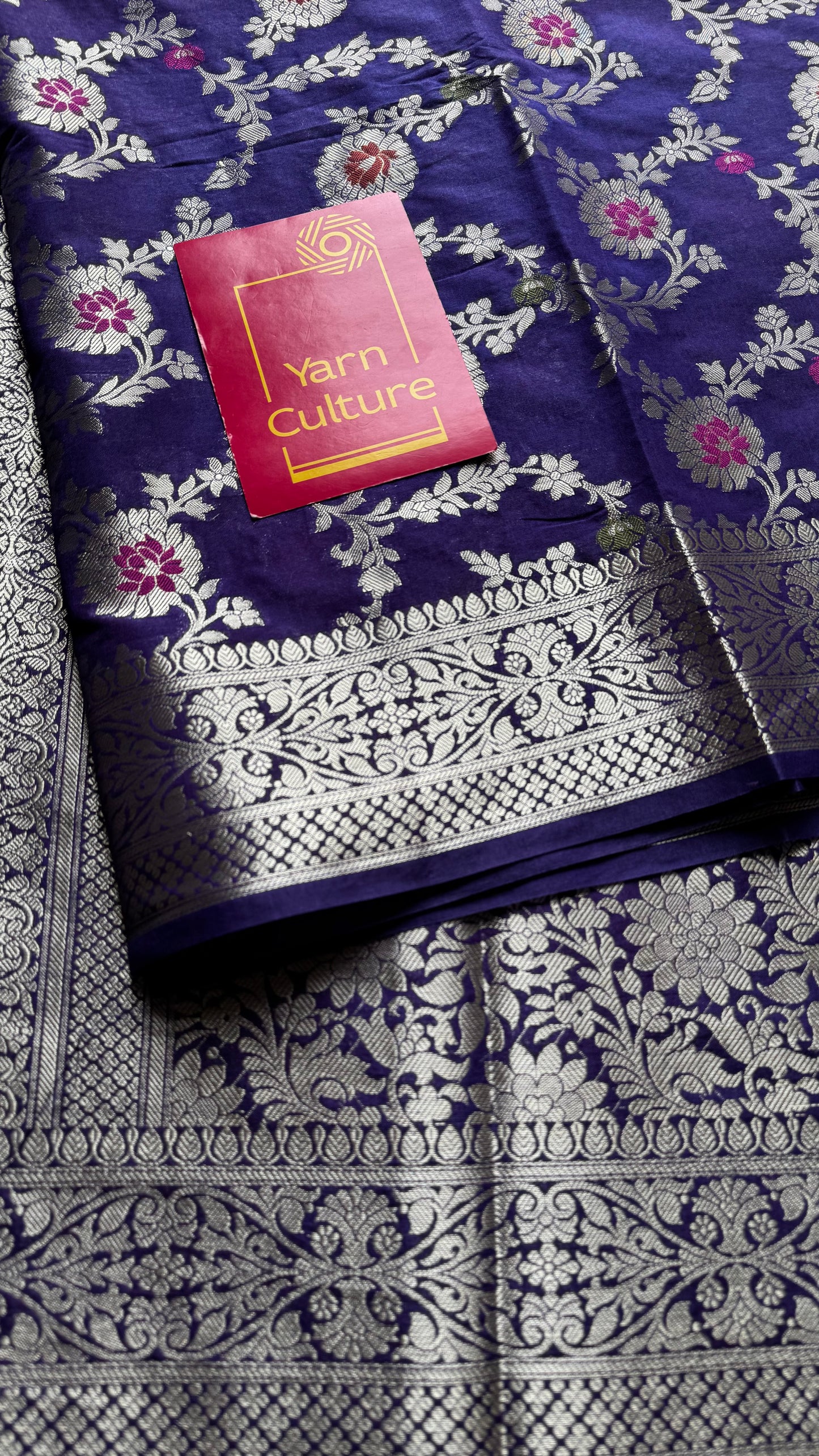 Dark blue meenakari floral pattern in silver zari, Banarasi katan dupion silk - YCDESE12