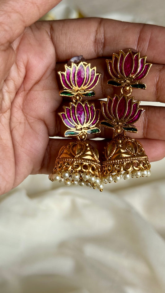 Antique gold purple pink (vadamalli) lotus jhumka - YCAGEJ283