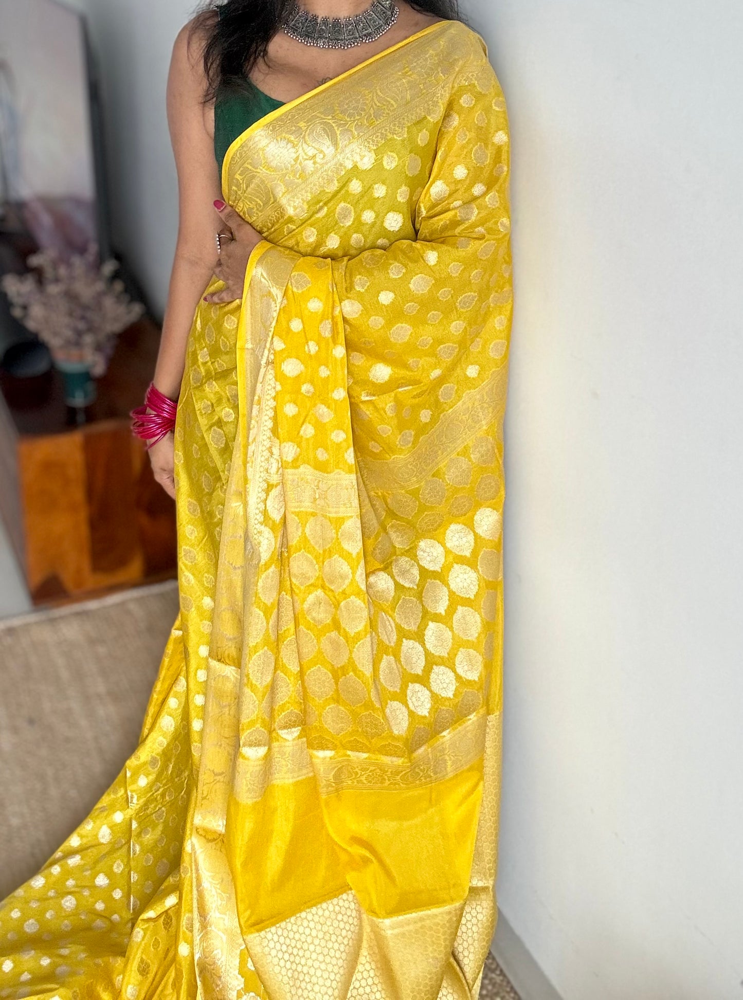 Lemon yellow, silver buttas and zari, Banarasi semi-silk - YCDESE34