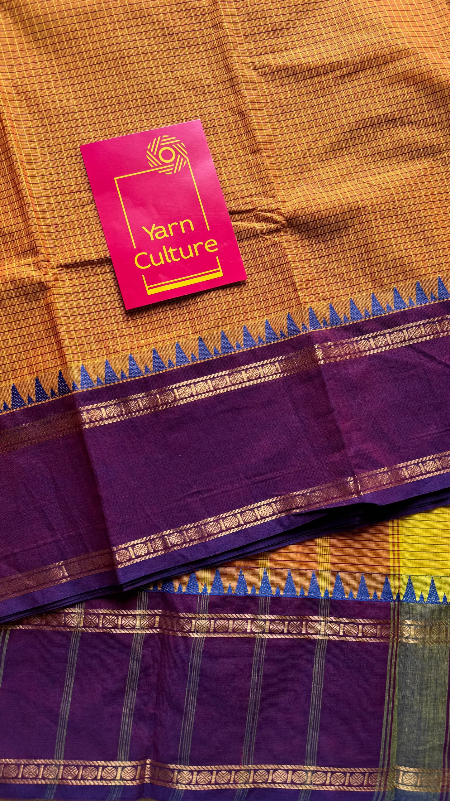 Orange with purple border, temple motifs, checkered body, kanchi cotton - YCCOTNOCKC26