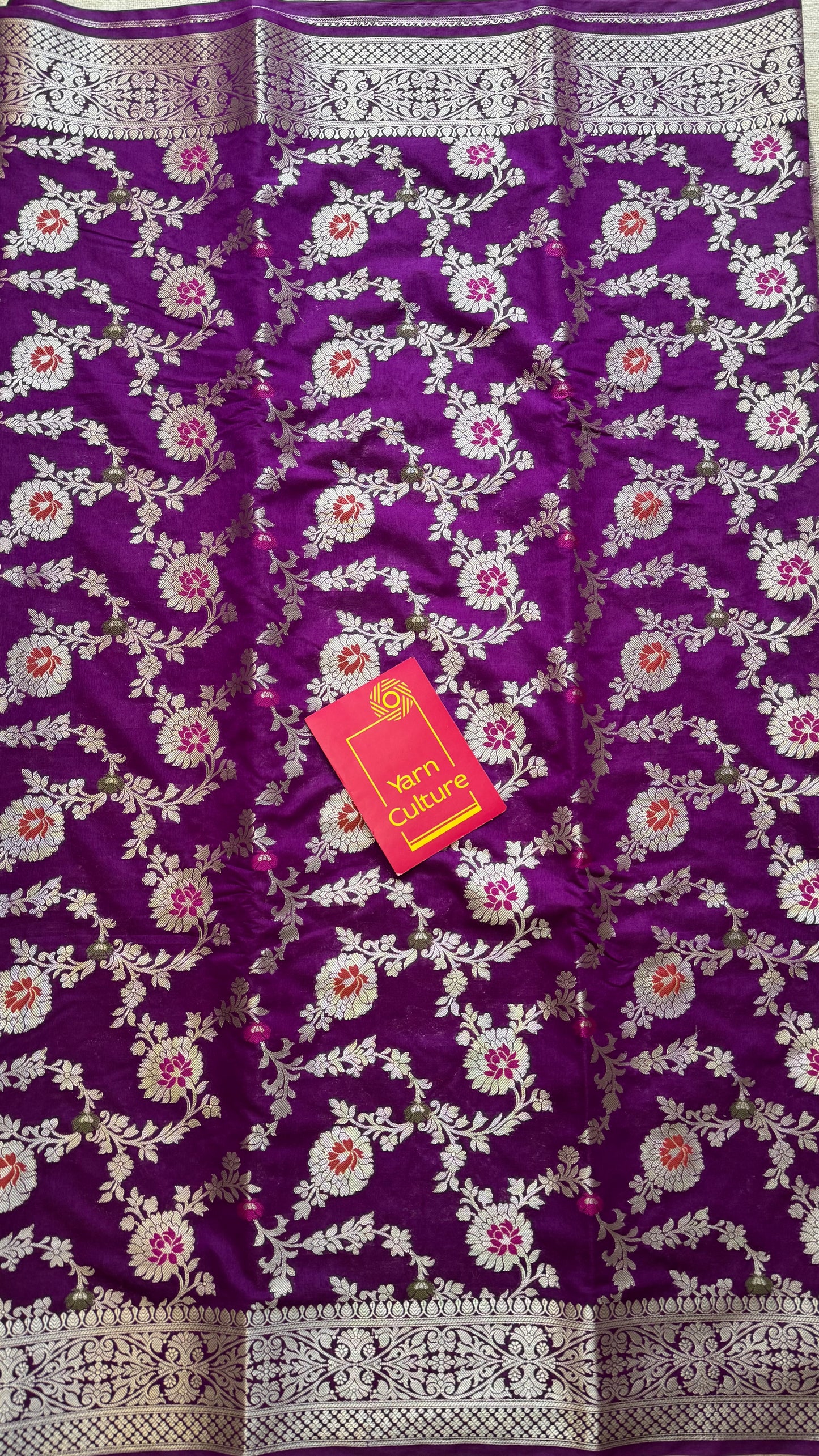 Bright purple meenakari floral pattern in silver zari, Banarasi katan dupion silk - YCDESE10