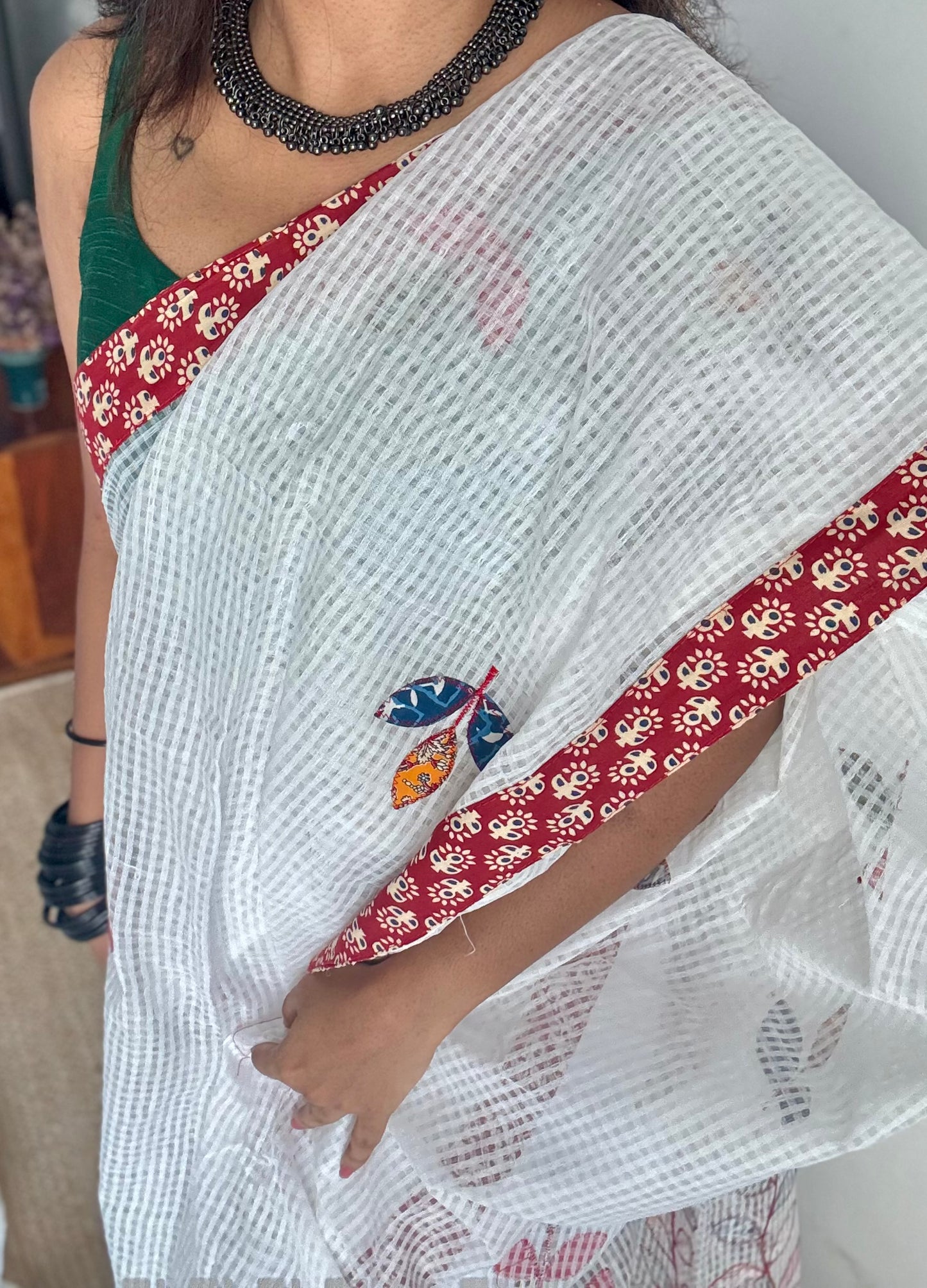 White kota with ajrakh cutwork and border - YCON25TORAK01