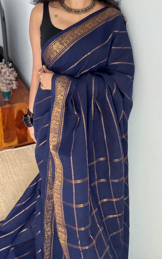 Dark blue veldhaari, kattuchayam dyed, madurai cotton - YCCOTNSEMS83