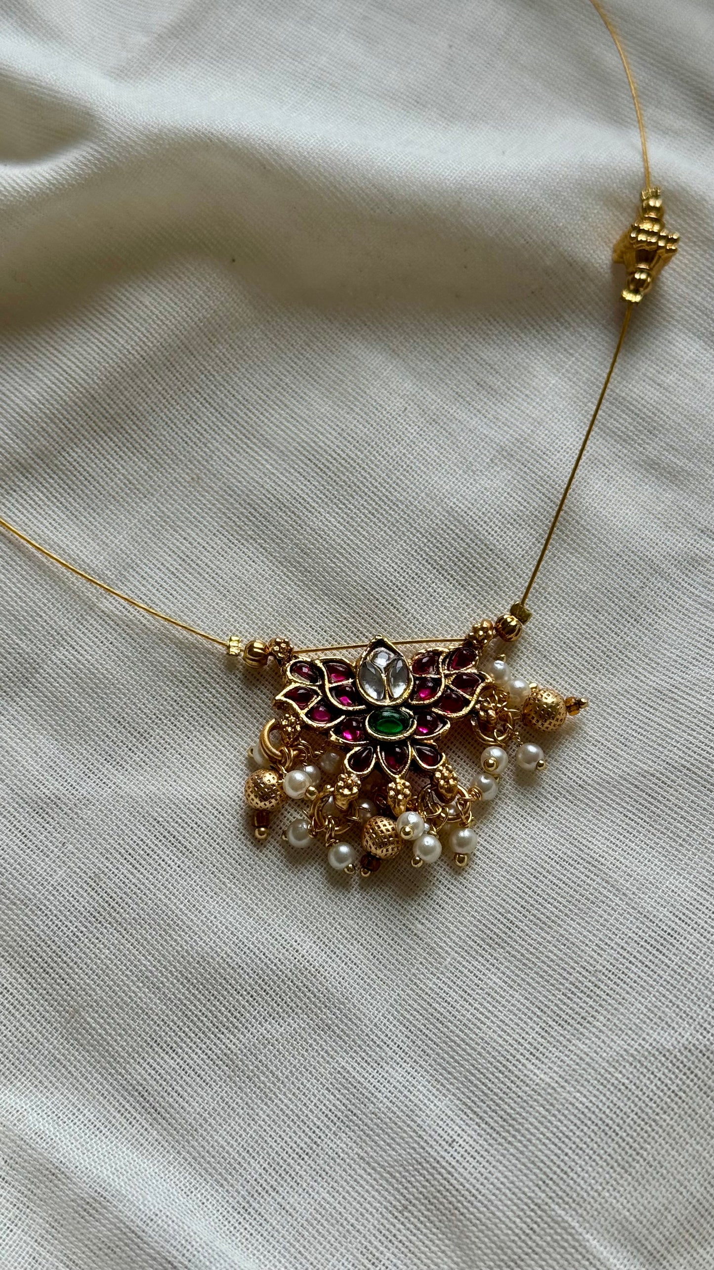 Jadau kundan lotus pendant with bead drops in invisible chain - YCAGC174