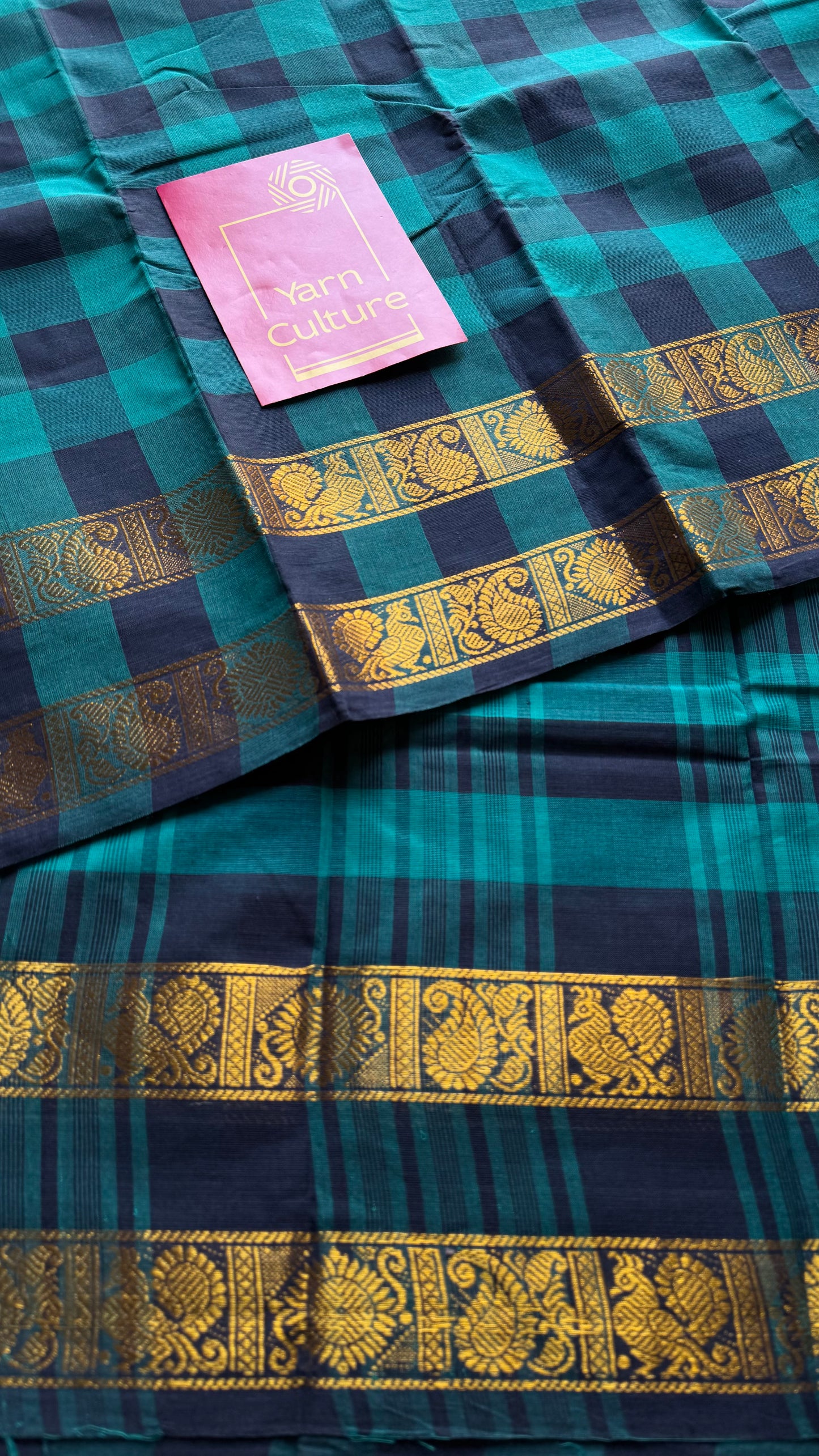 Turquoise and dark blue paalum pazhamum checkered kanchi cotton - YCCOTNKCDE81