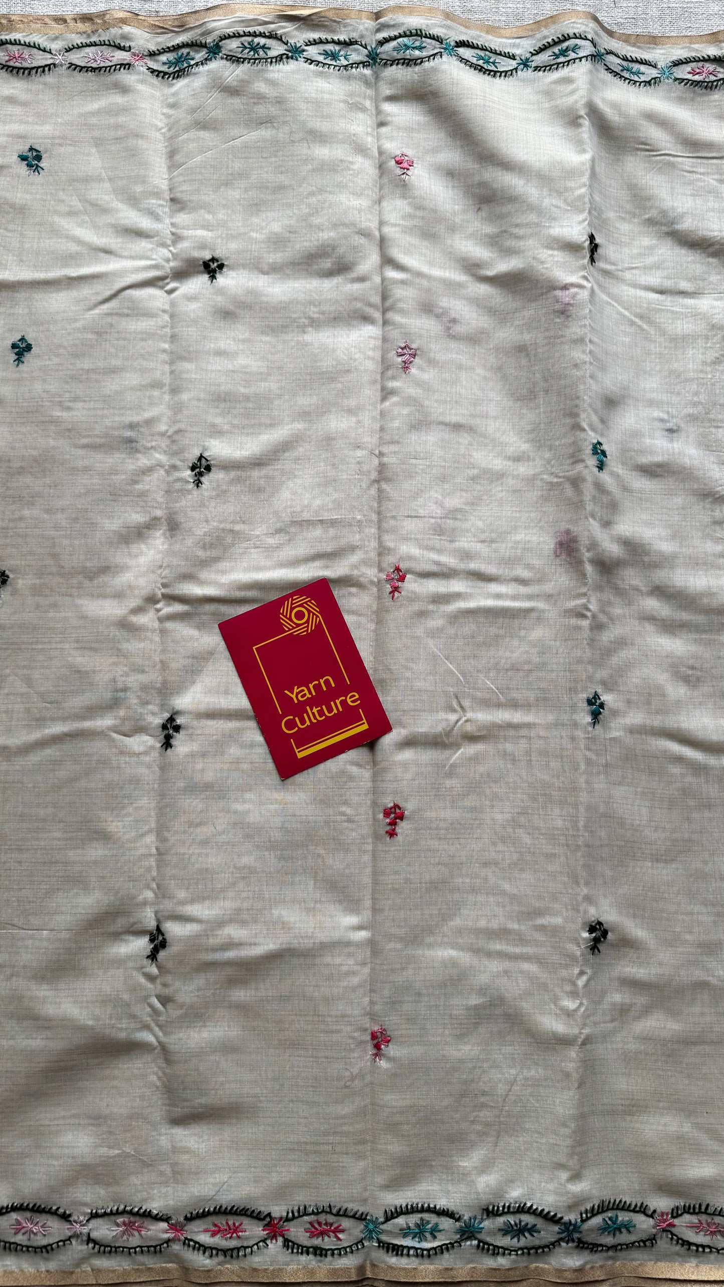 Ivory maheshwari cotton silk blend with pink and blue floral kantha threadwork - YCBLJULMK01