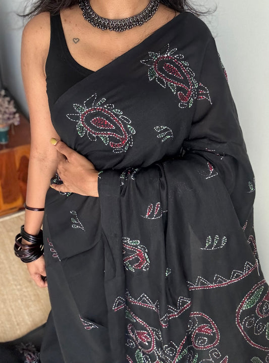Kaaj Kaalo (কাজ কালো) - Embroidered Black, kantha weave in soft cotton - YCBCSEKC08