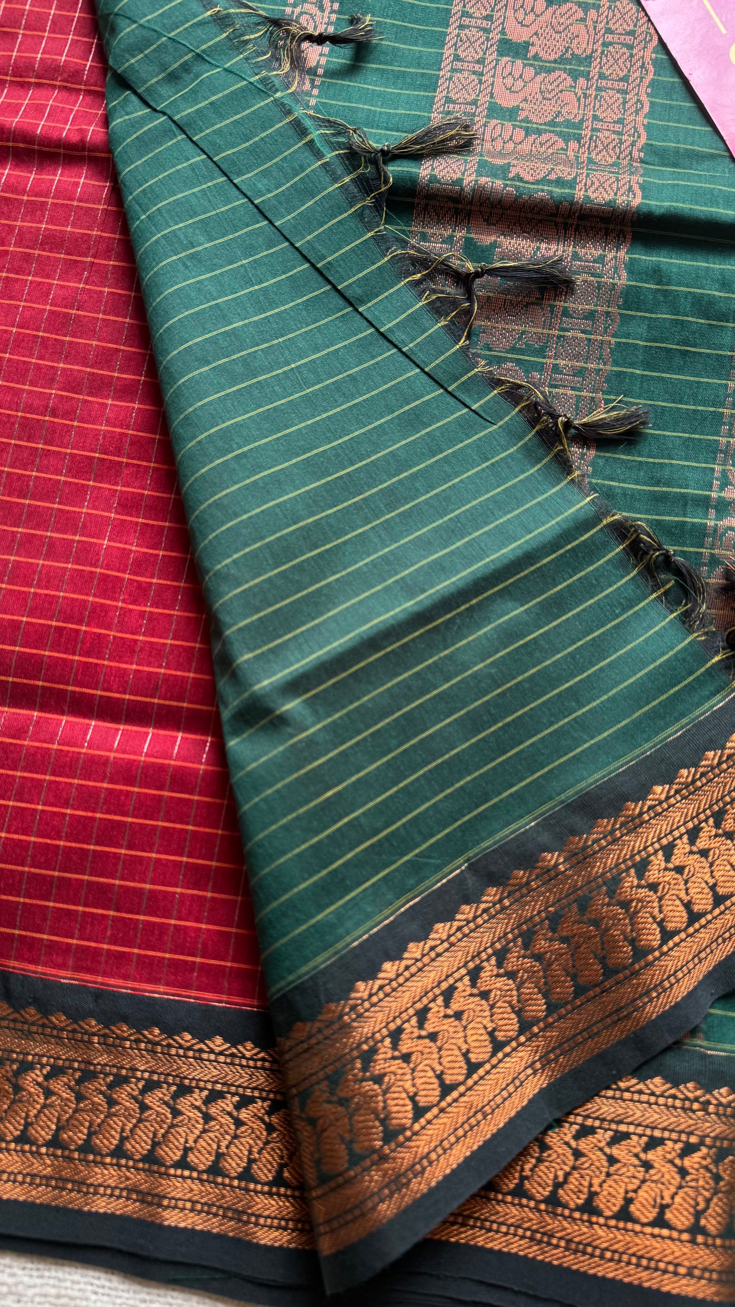 Red with dark green, checks - cotton silk - YCCOTNSEKCS10