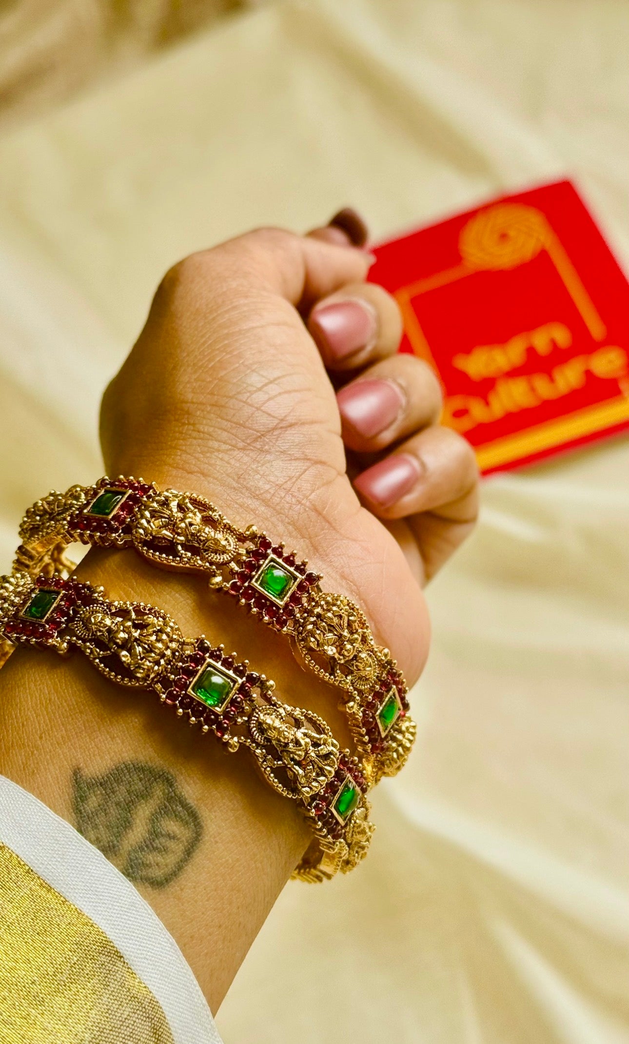 Green and ruby stone Lakshmi bangles set of 2, size 2.6 - YCGPBA821