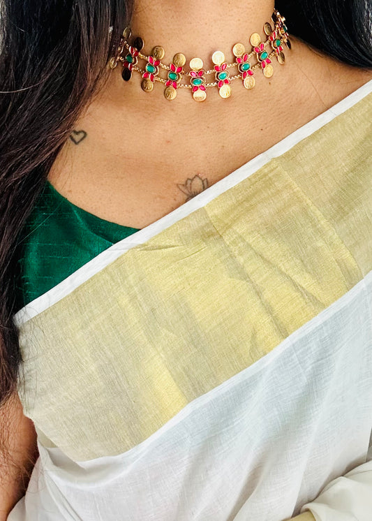 Triple layer coin floral neckpiece, ruby and green stones, with earrings - YCGPNP755