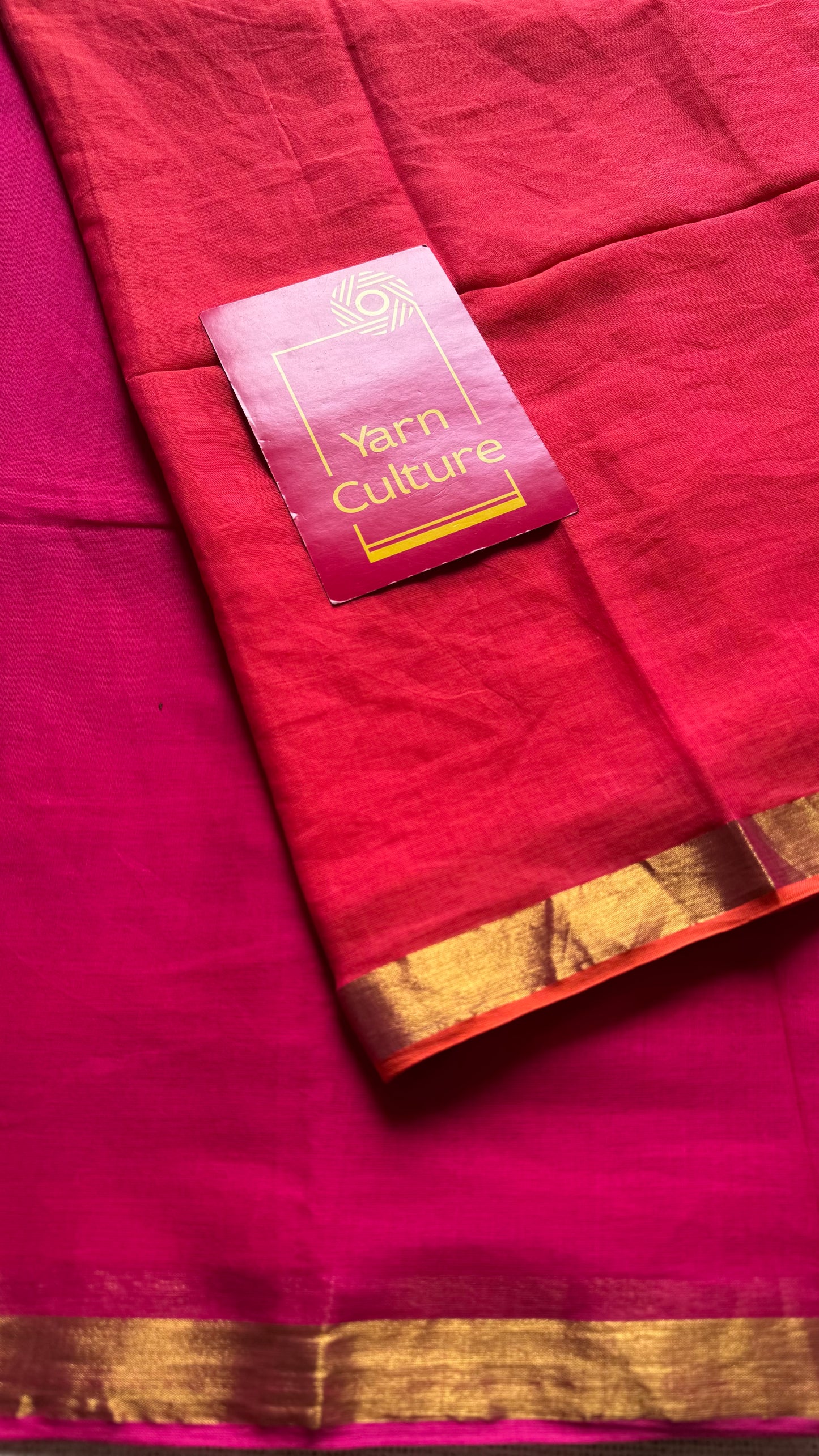 Magenta with dual tone orangish pink mul, thin antique gold zari border- YCBCMCLSE33