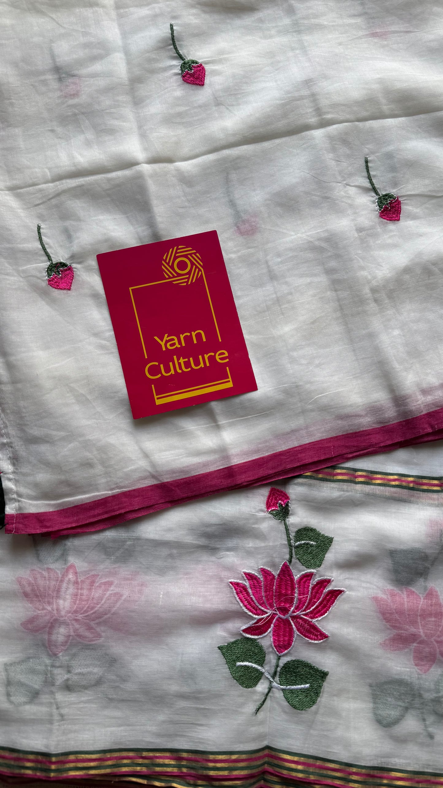 White mul with pink lotus embroidery and coloured zari - YCBCMCNO63