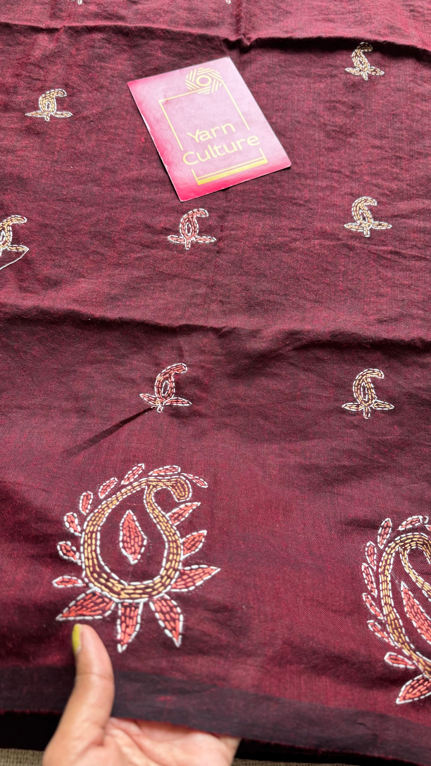 Aalta Gatha (আলতা গাথা) - Tale of Aalta, maroon kantha weave in soft khadi cotton - YCBCSEKC02
