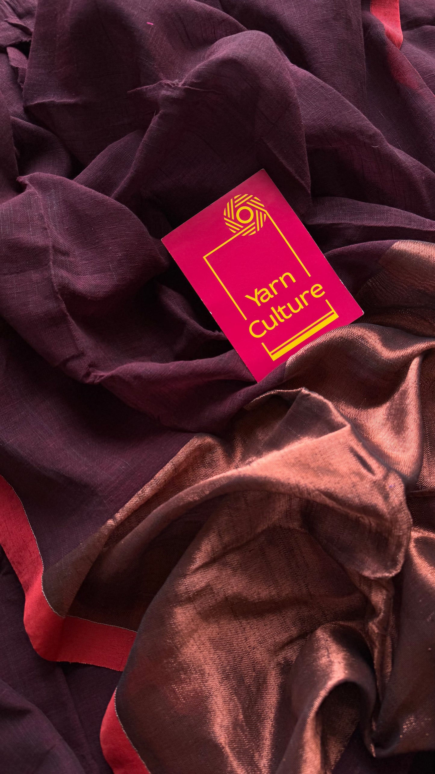 Maroon plain linen by cotton saree with copper zari pallu - YCBCLCFE398