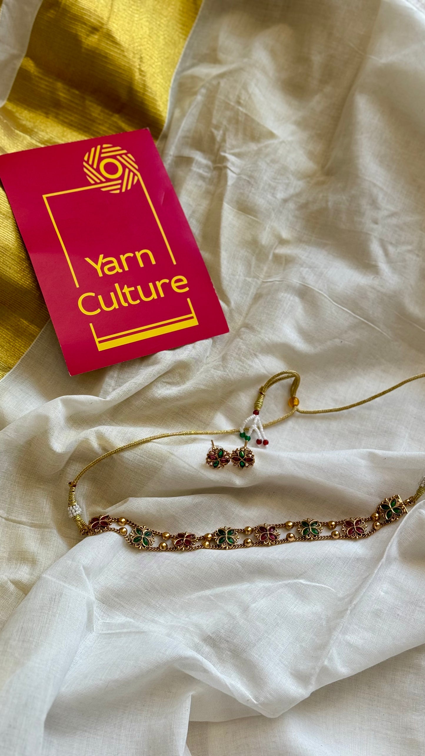 Layered floral ruby green choker with earrings - YCGPNP681