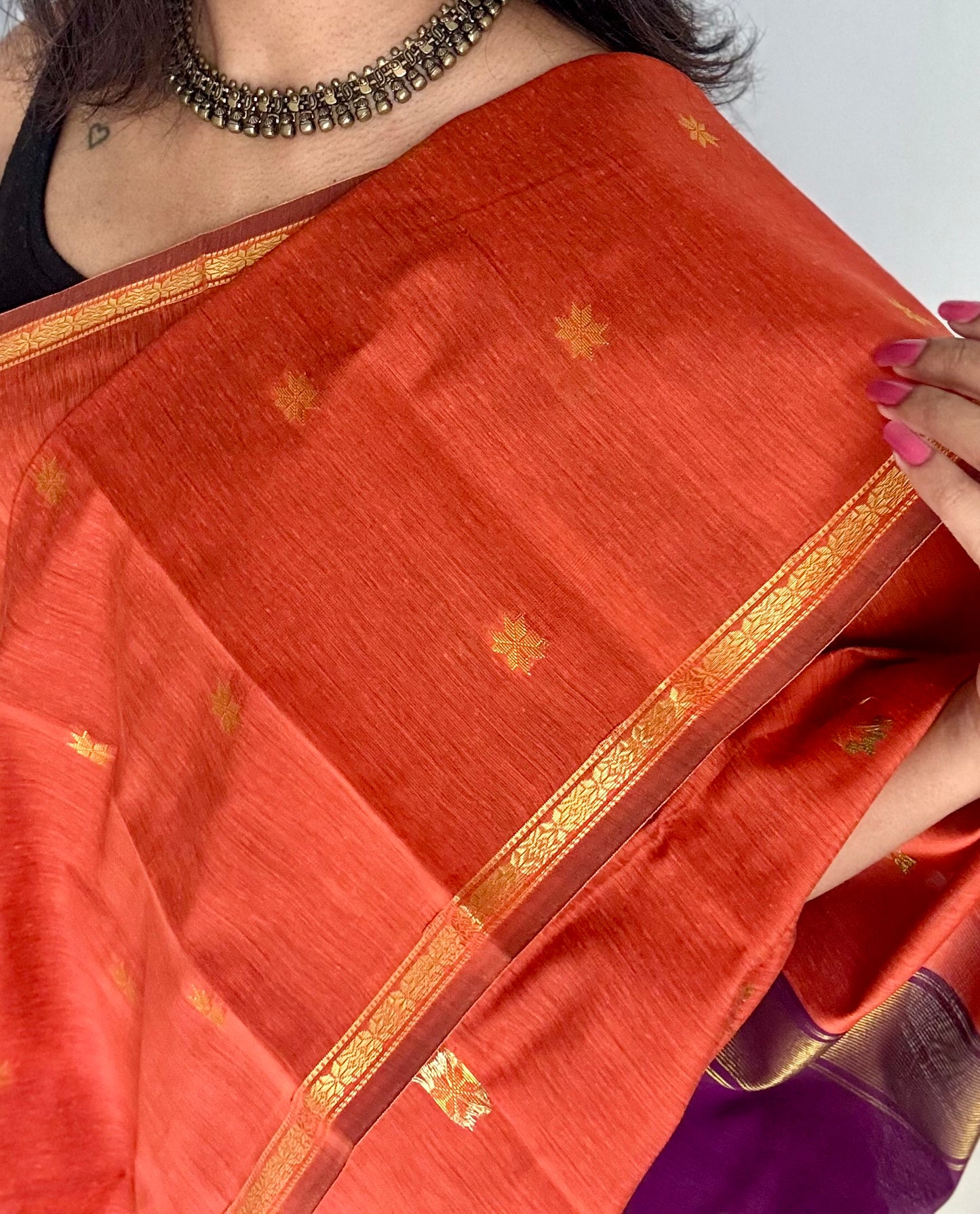 Orange with purple pink (vadamalli), gold buttas, semi maheshwari cotton silk - YCCOTNFEJUSM02
