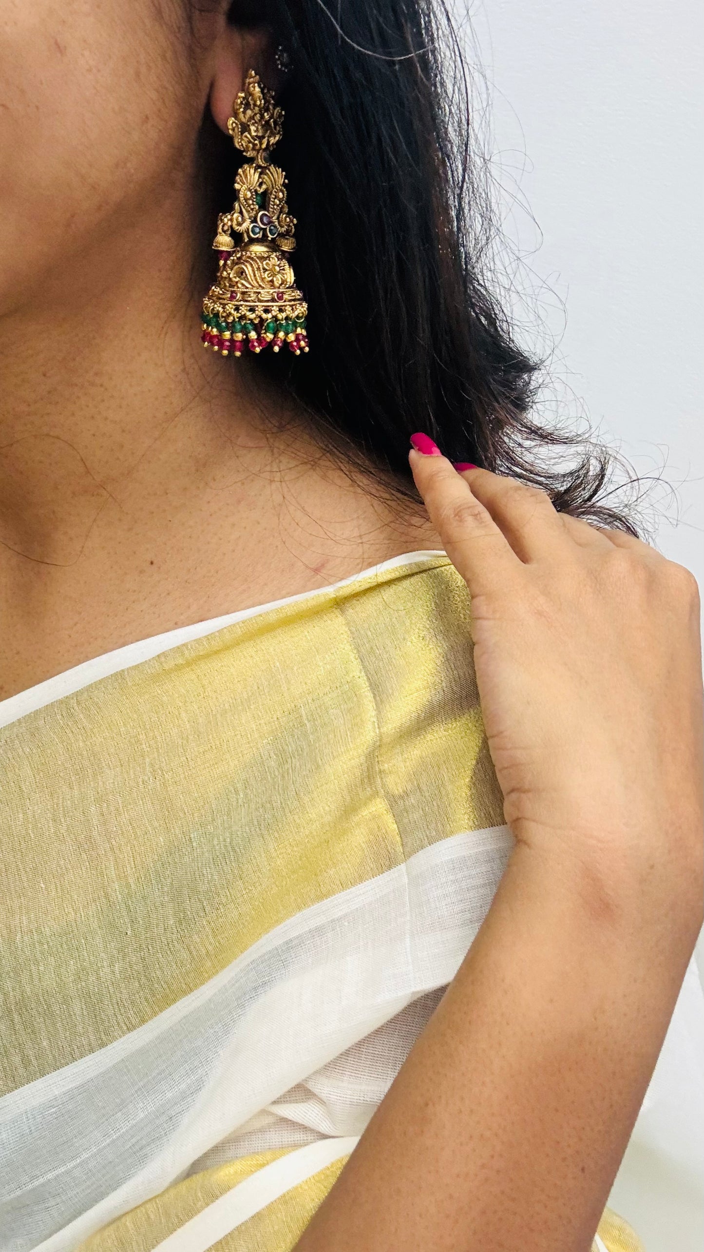 Jhumka with dark pink and green drops, antique gold - YCAGJK89