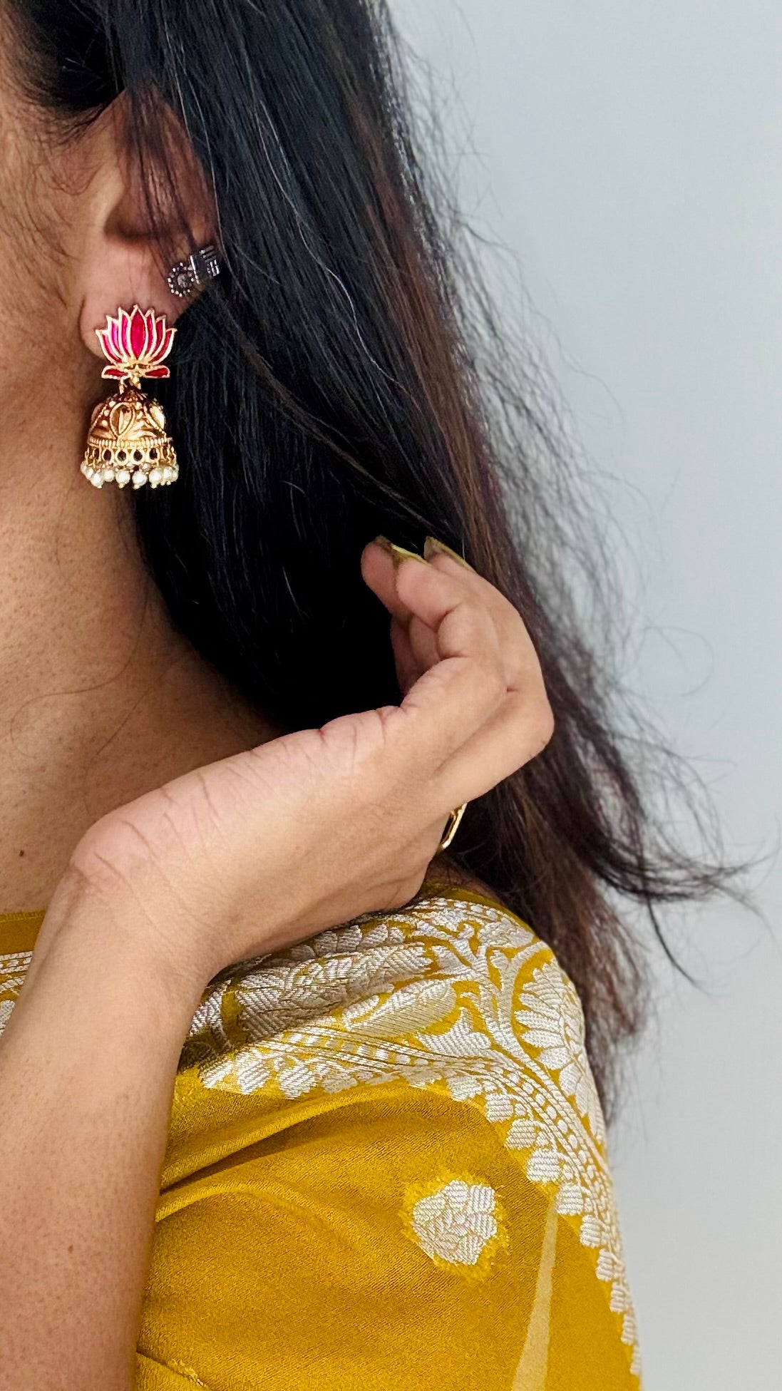 Antique gold hot pink lotus jhumka - YCAGEJ284
