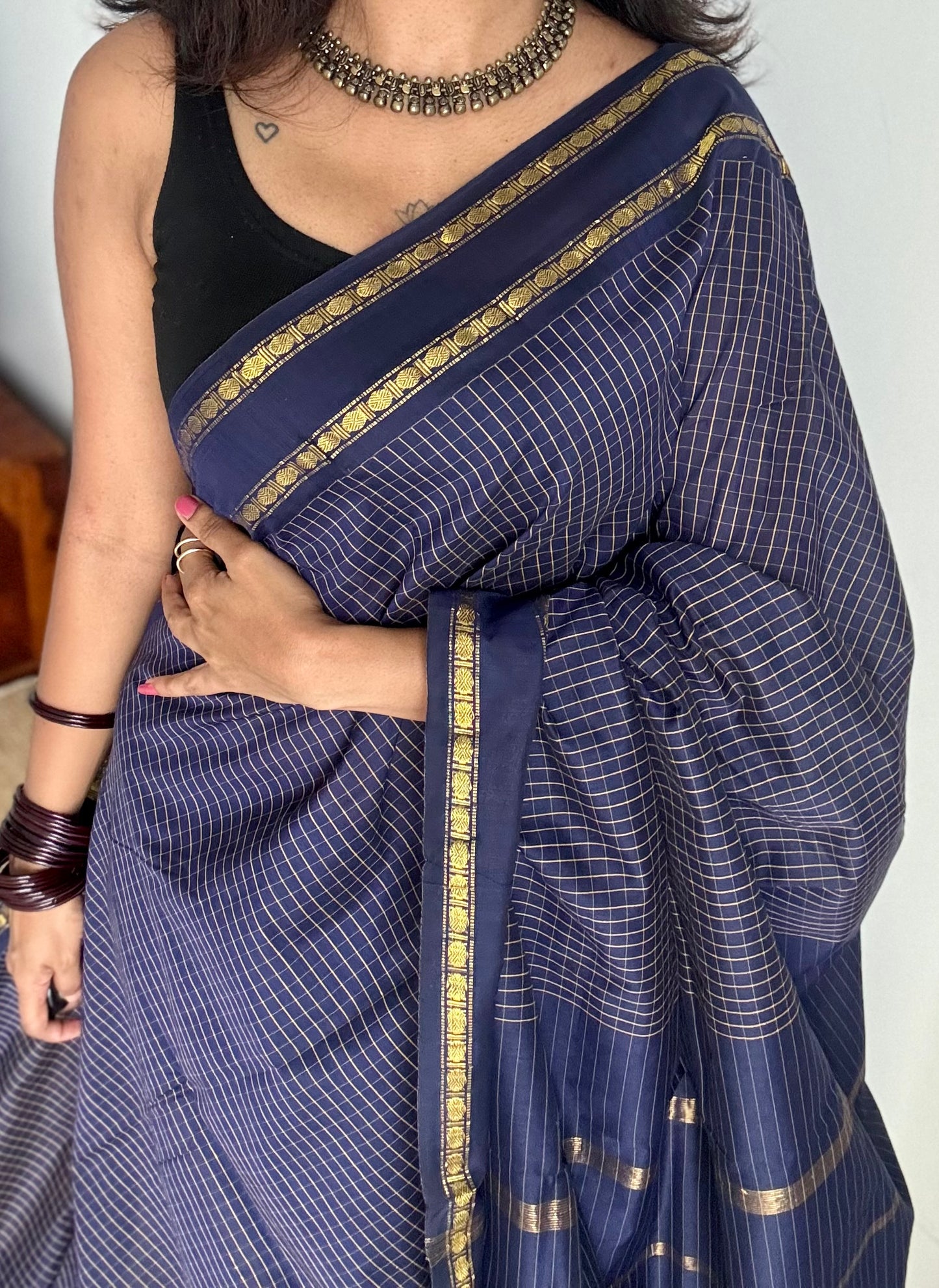 Dark blue, arani checks, cotton silk - YCCOTNJUAR06