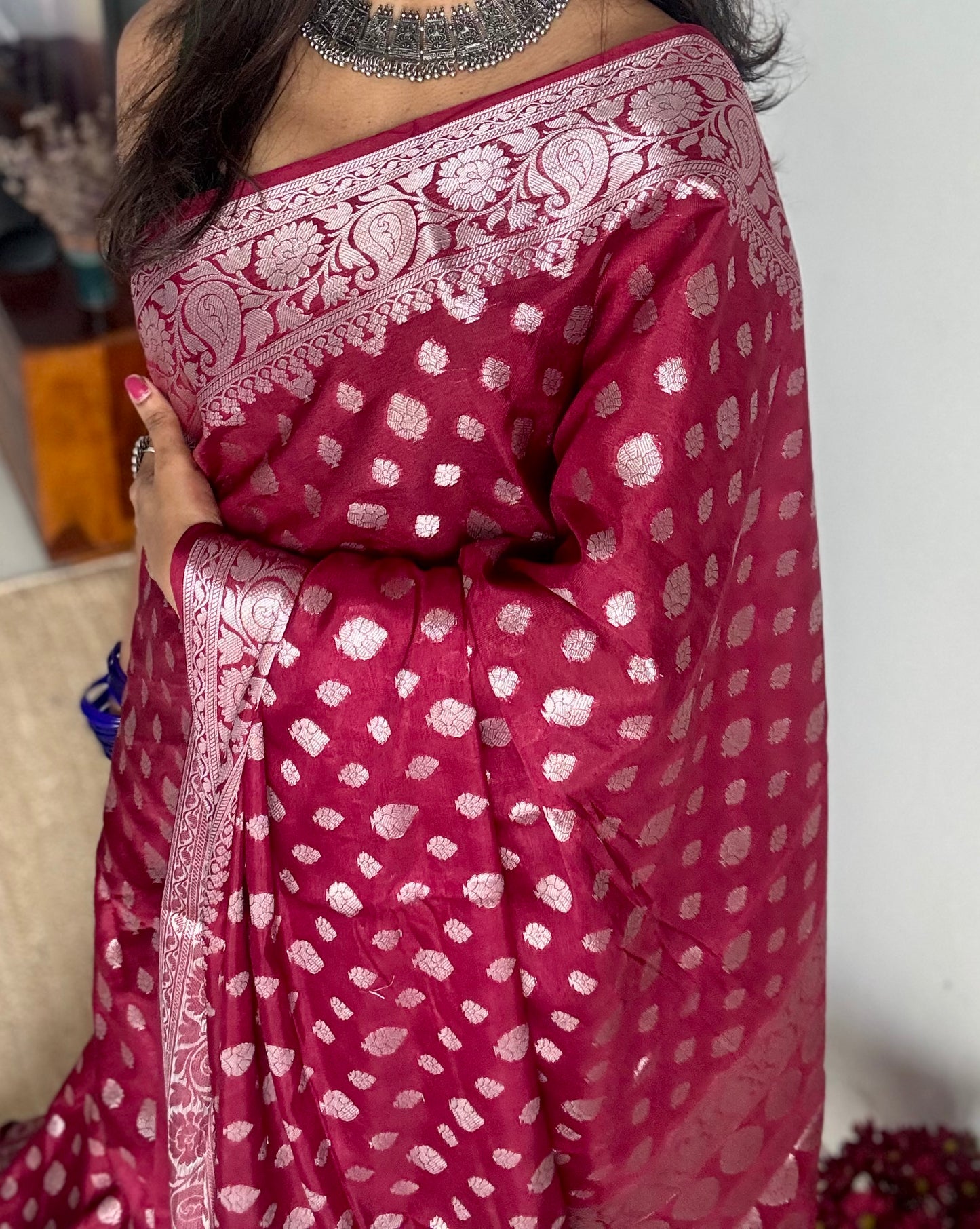 Maroon, silver buttas and zari, Banarasi semi-silk - YCDESE39