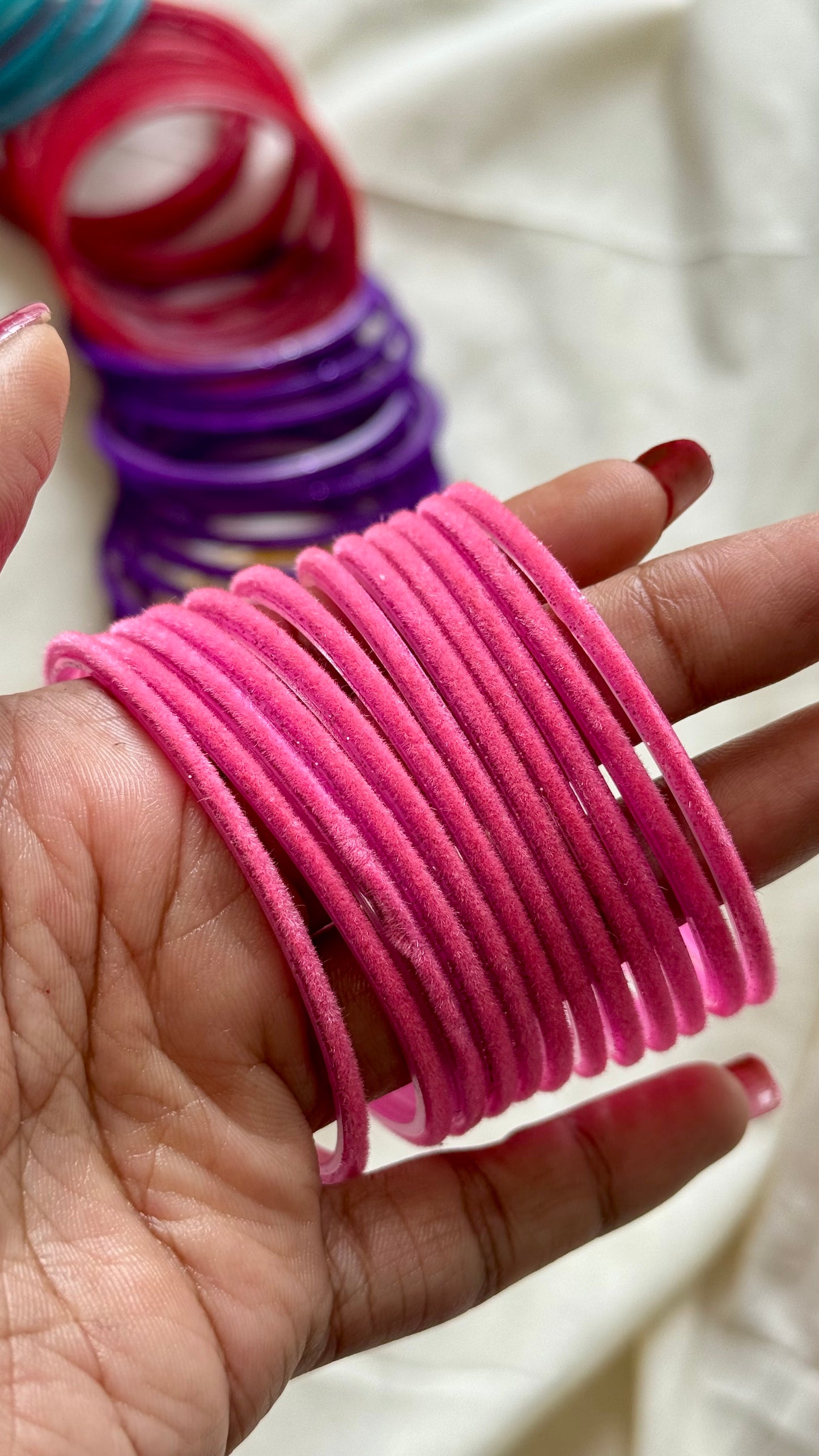 Light pink velvet glass bangles, set of 12 - YCBANGL349