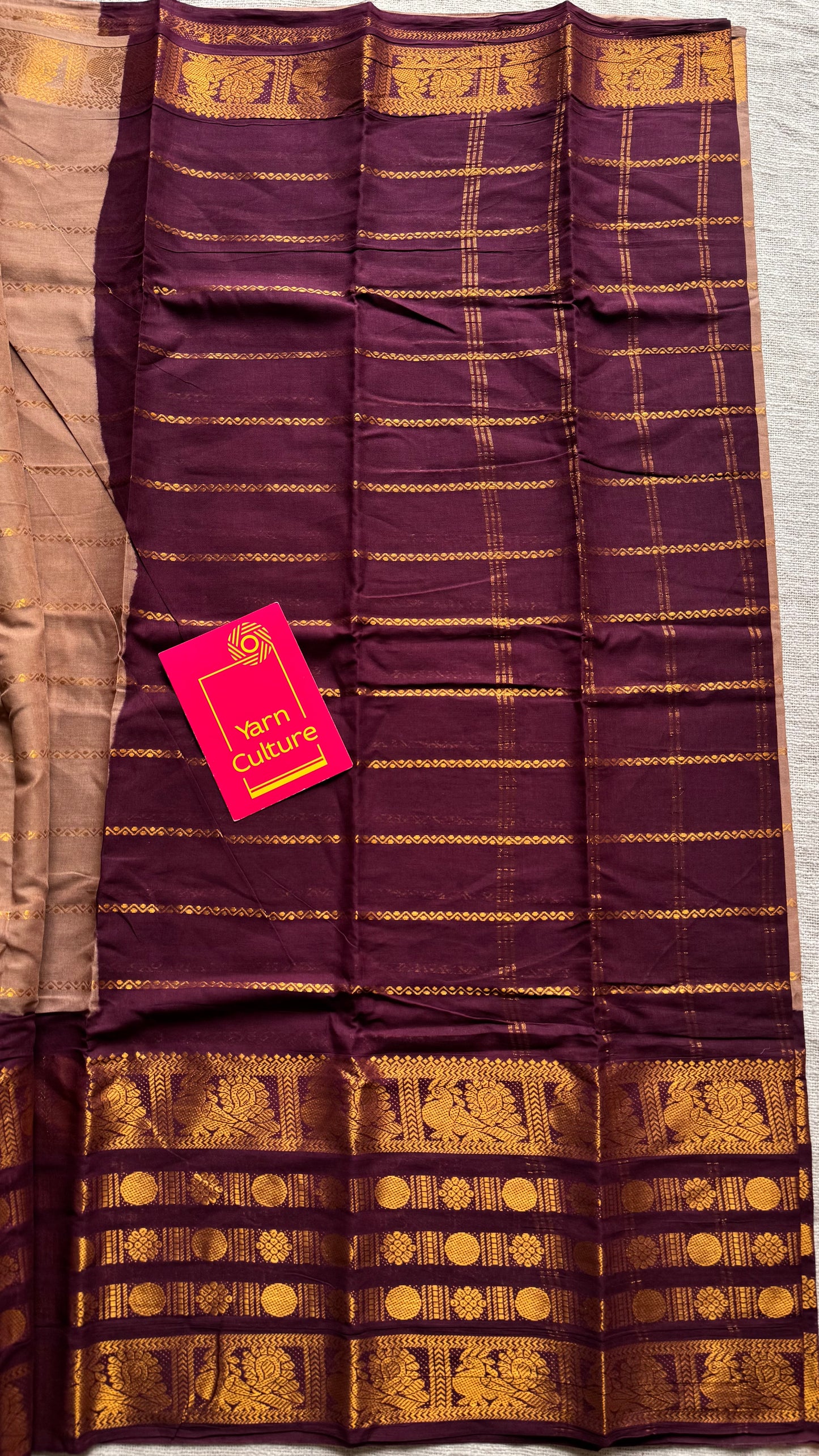 Light brown with maroon, peacock rudraksham motif, single side broad zari - madurai kattuchayam dyed - YCCOTNAURS17