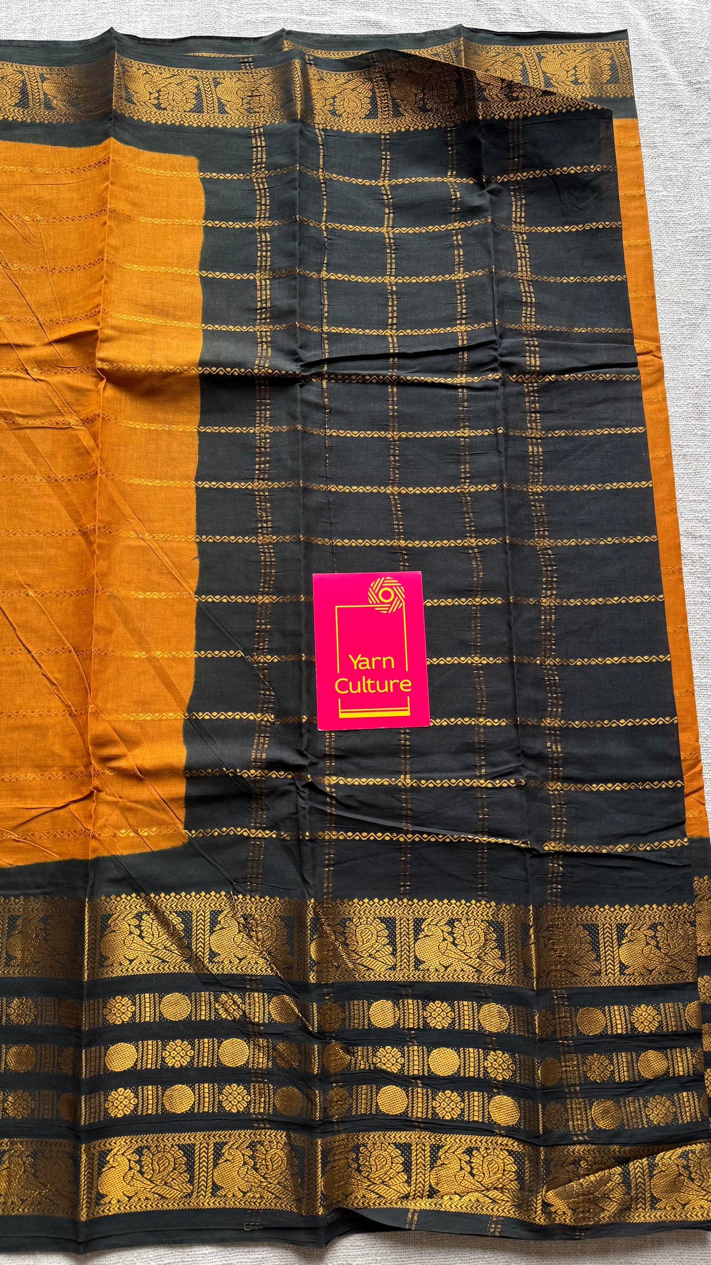Turmeric yellow with black, peacock rudraksham motif, single side broad zari - madurai kattuchayam dyed - YCCOTNAUS27