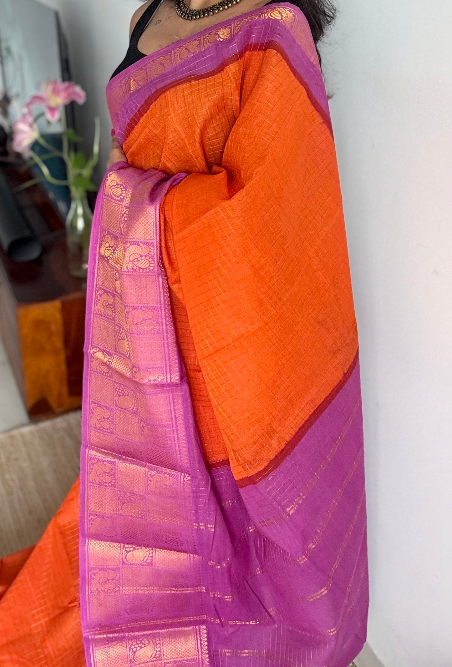 Orange checks with purple pink mayuri checkered zari border, madurai cotton - YCCOTNOCSC02