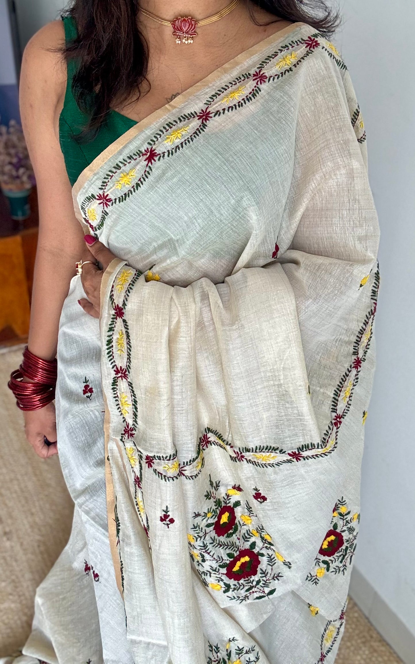 Ivory maheshwari cotton silk blend with maroon and dark yellow floral kantha threadwork - YCBLJULMK05
