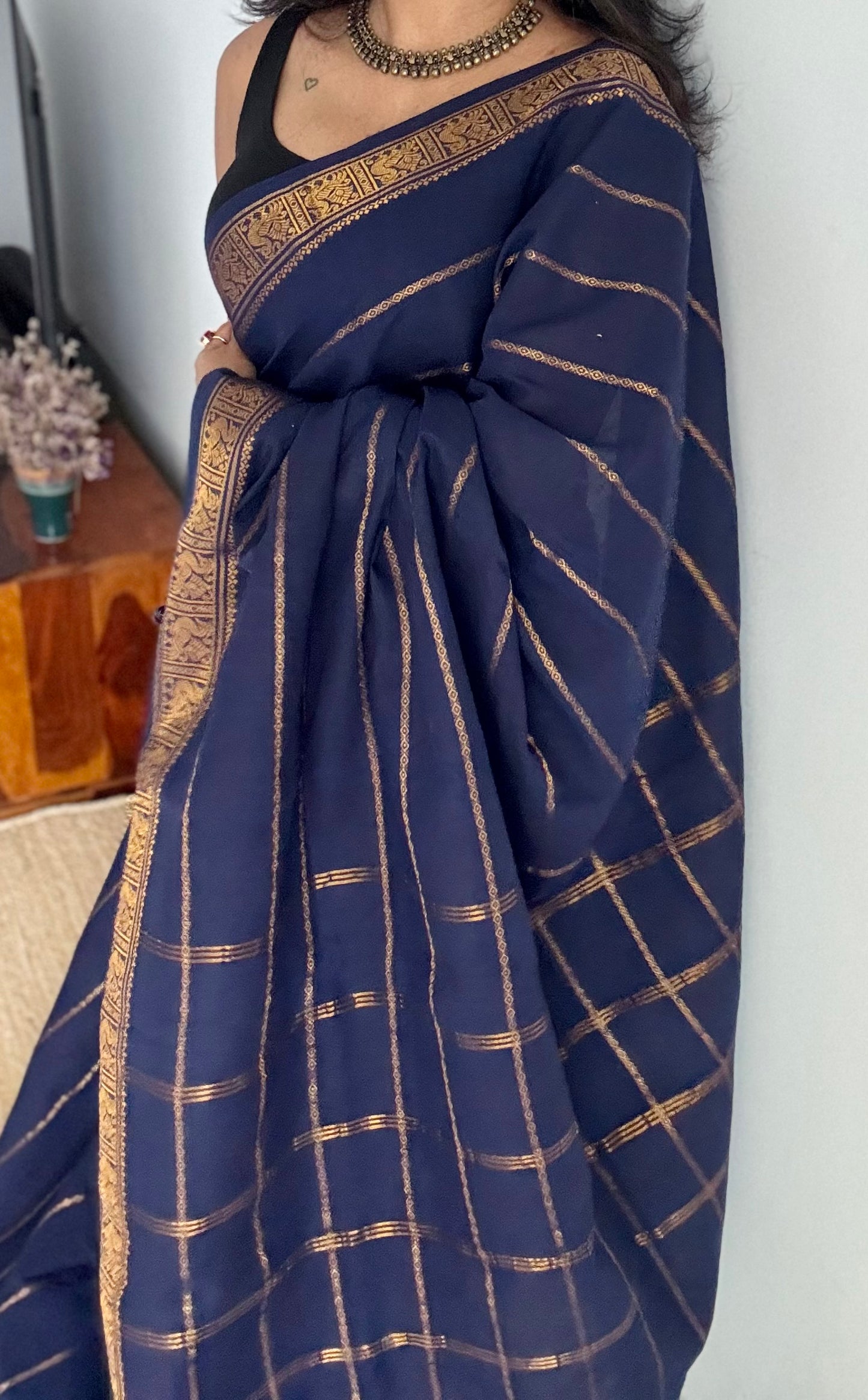 Dark blue veldhaari, kattuchayam dyed, madurai cotton - YCCOTNSEMS83